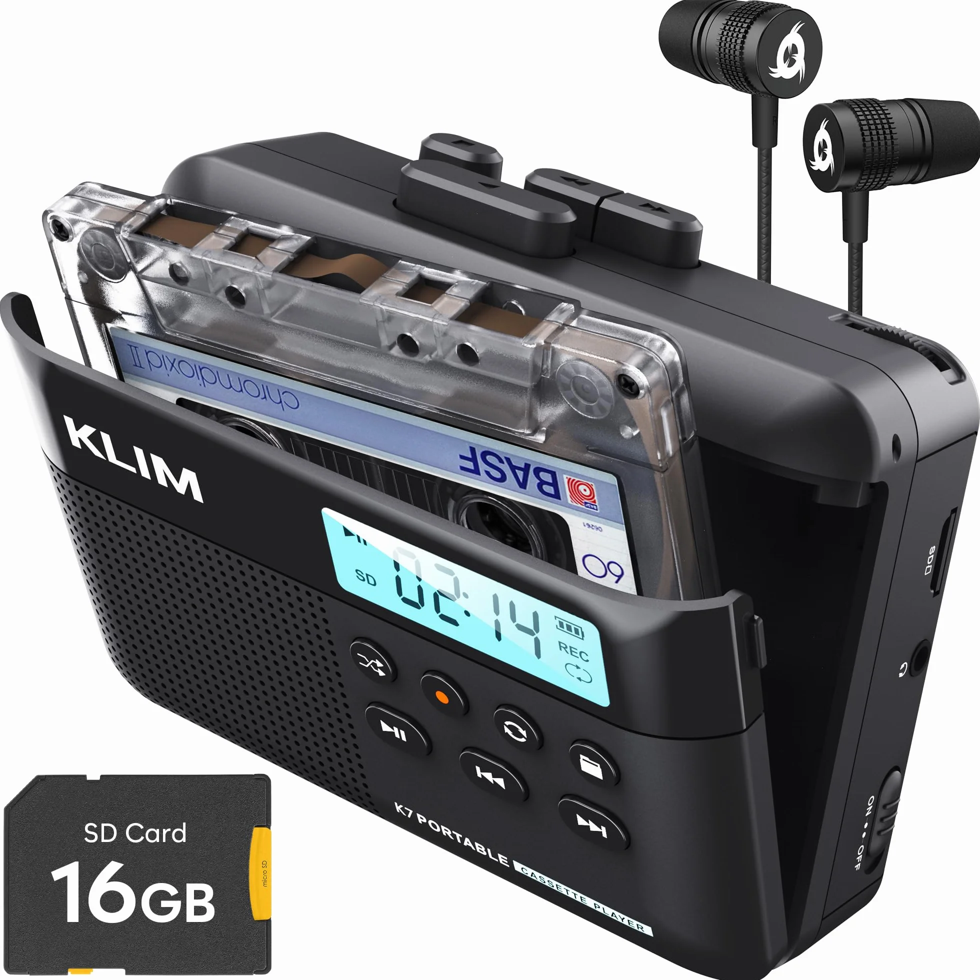 K7 Cassette Player MP3 Converter Portatile con Auricolari - Batteria Ricaricabile - Scheda SD 16 GB Nero