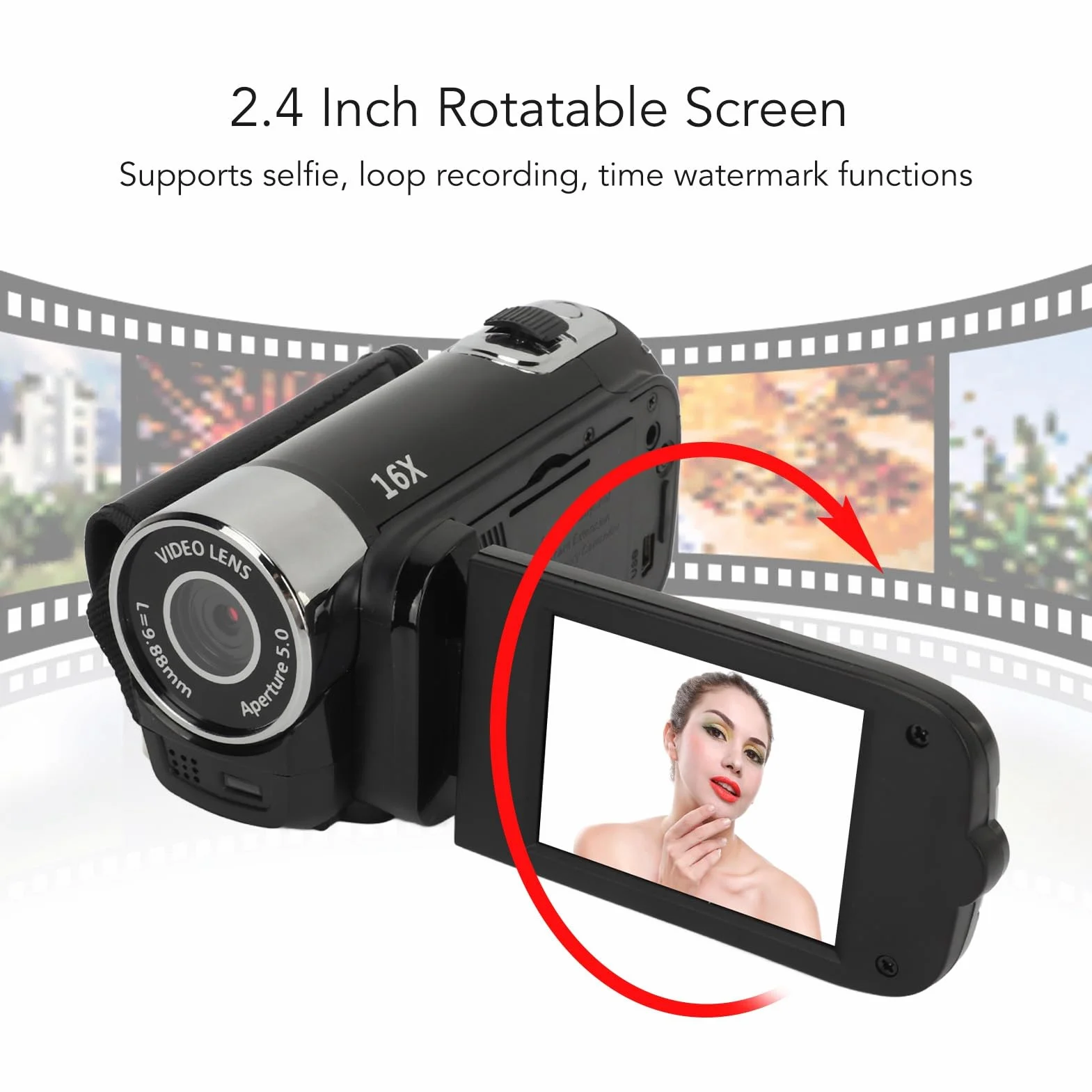 Videocamera, Registratore per Fotocamera Digitale 1080P 16MP, Schermo Ruotabile da 2,4 Pollici Videocamera con Zoom Digitale 16X con Luce di Riempimento (BLACK)