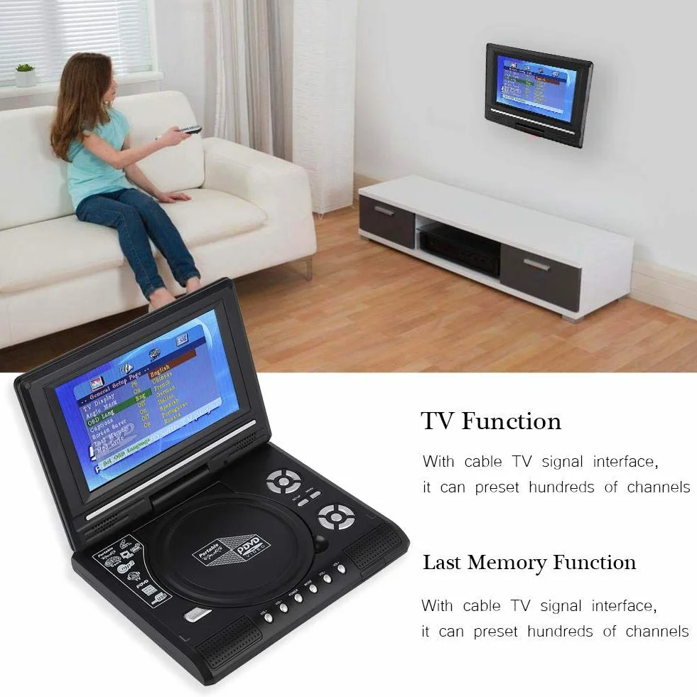 Lettore portatile, 7,8 Pollici Lettore DVD Portatile con 800 mAh Batteria Ricaricabile, 270 Gradi Display Rotante Supporto Schede SD e USB, Radio FM Lettore DVD per Auto per Viaggi. (EU)