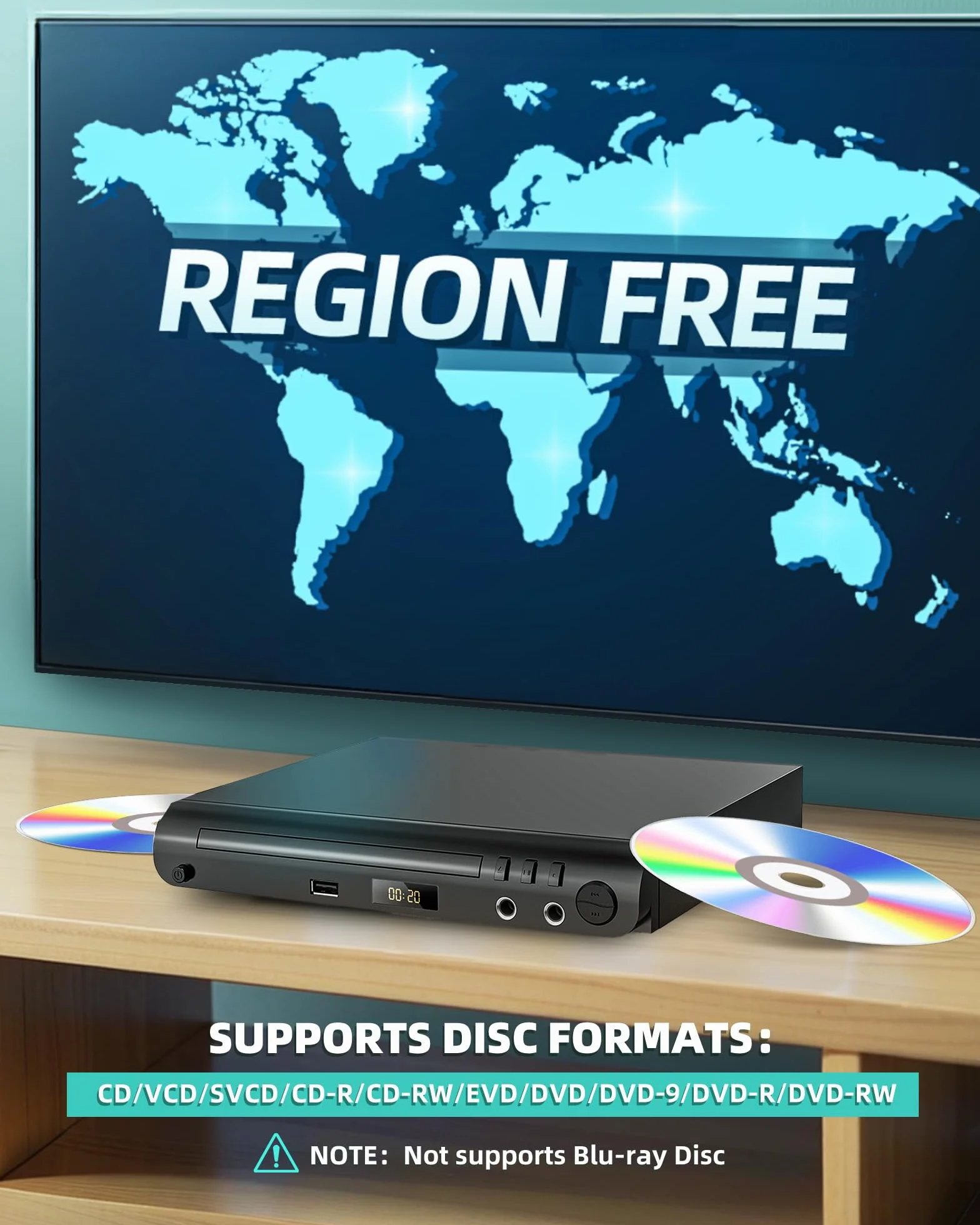 Lettore DVD HDMI per TV, lettori DVD per tutte le regioni con porte karaoke e ingresso USB, compatibilità PAL/NTSC, lettore CD domestico con cavi HDMI e RCA/AV