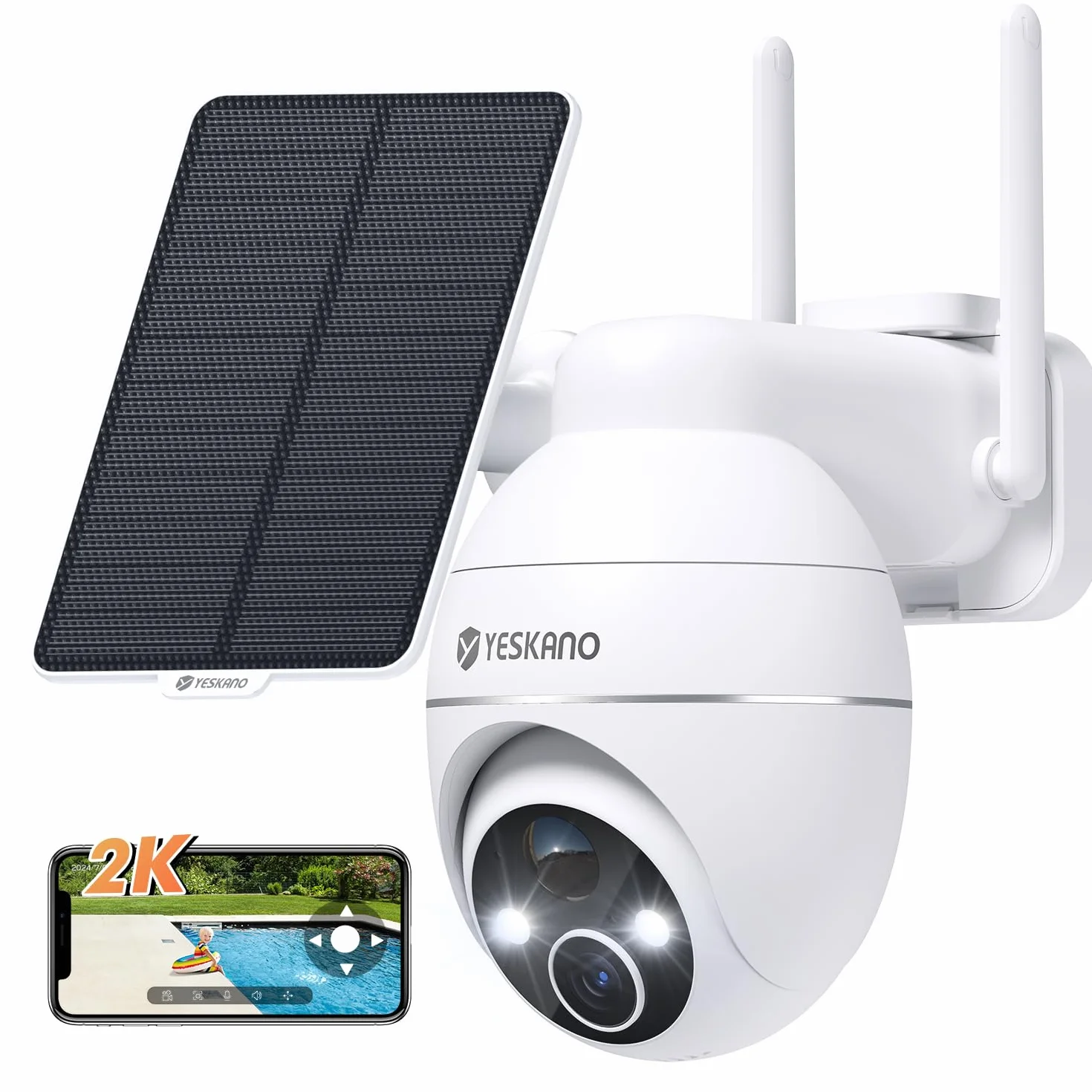 YESKANO 2K Telecamera Wi-Fi Esterno Senza Fili Con Pannello Solare, 360° PTZ Videocamera Sorveglianza A Batteria, Visione Notturna A Colori, Rilevamento Umano/PIR con Allarme, 2 Vie Audio, 2.4GHz,IP66