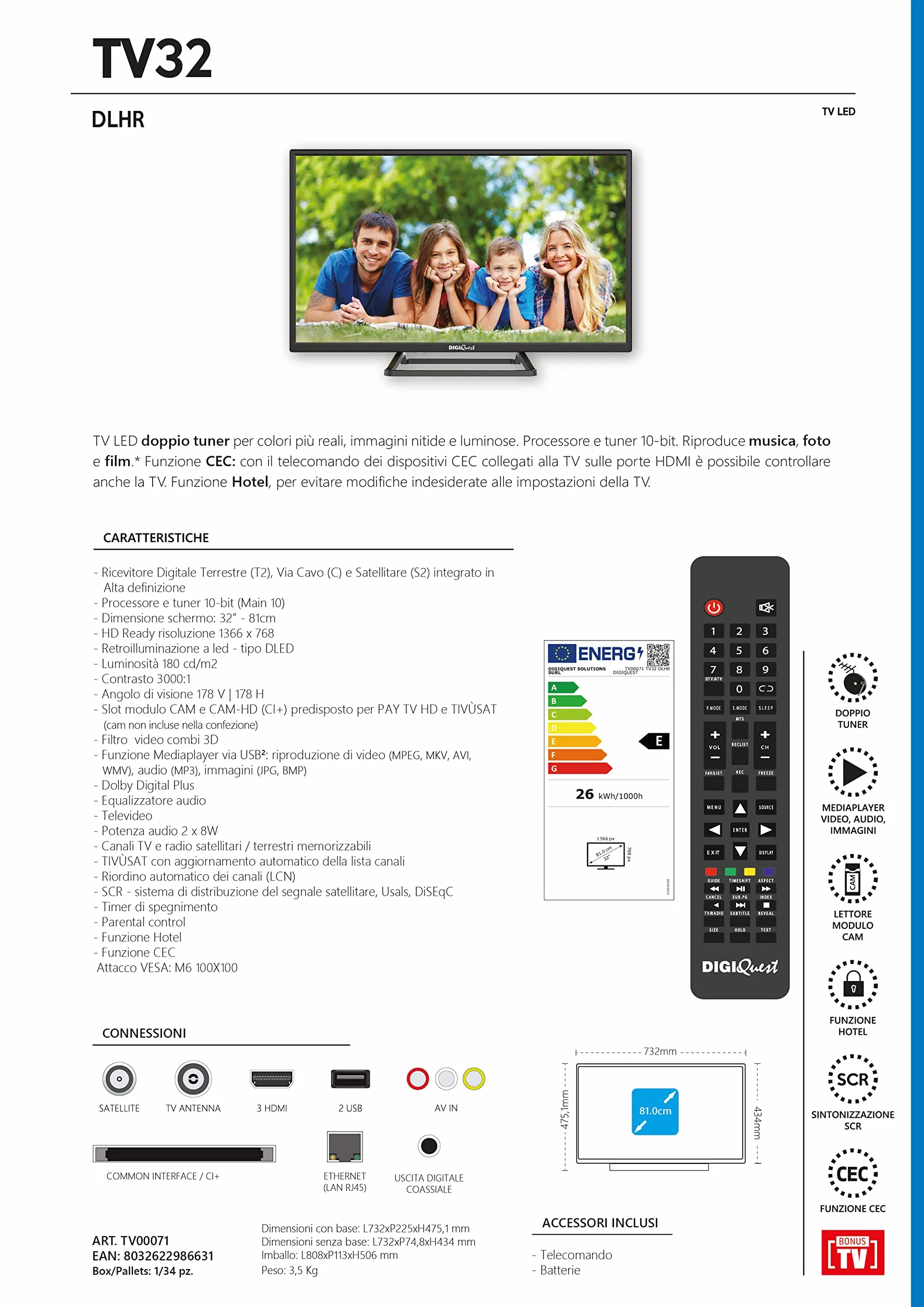 DIGIQUEST TV LED 32'' DLHR, DVB-T2, DVB-S2