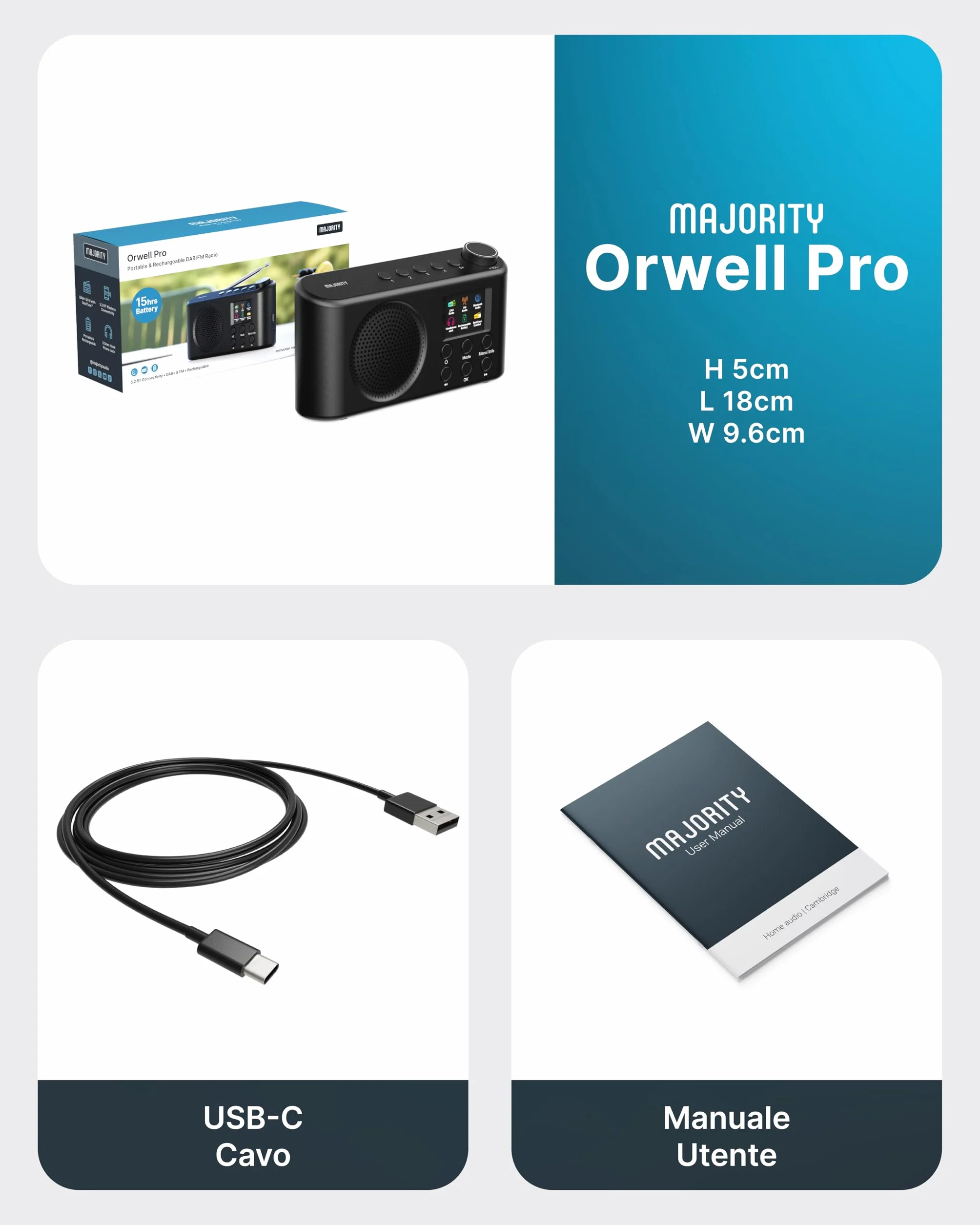 Majority Orwell Pro DAB/DAB+ Radio Portatile | Bluetooth FM, 40 Preset, 4 Pulsanti Rapidi, 15 Ore Batteria Ricaricabile USB-C, Minuterie Sonno, EQ 7 Presets, Schermo LCD | Radio Dab Casa, Viaggio