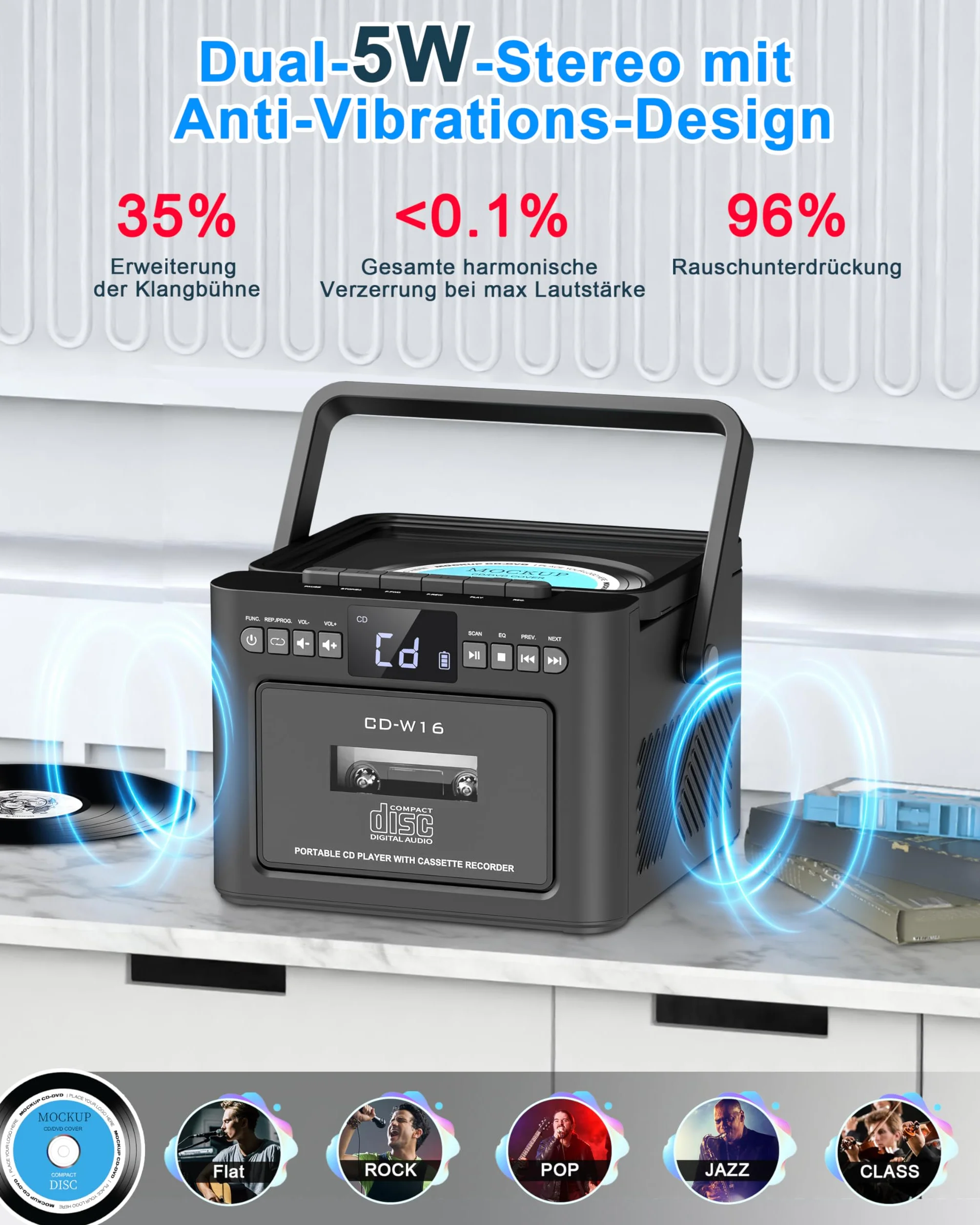 Grado Lettore CD portatile Boombox ricaricabile, Bluetooth, telecomando, batteria 5000 mAh, USB, AUX, scheda TF/SD, altoparlanti stereo 5 W (grigio)