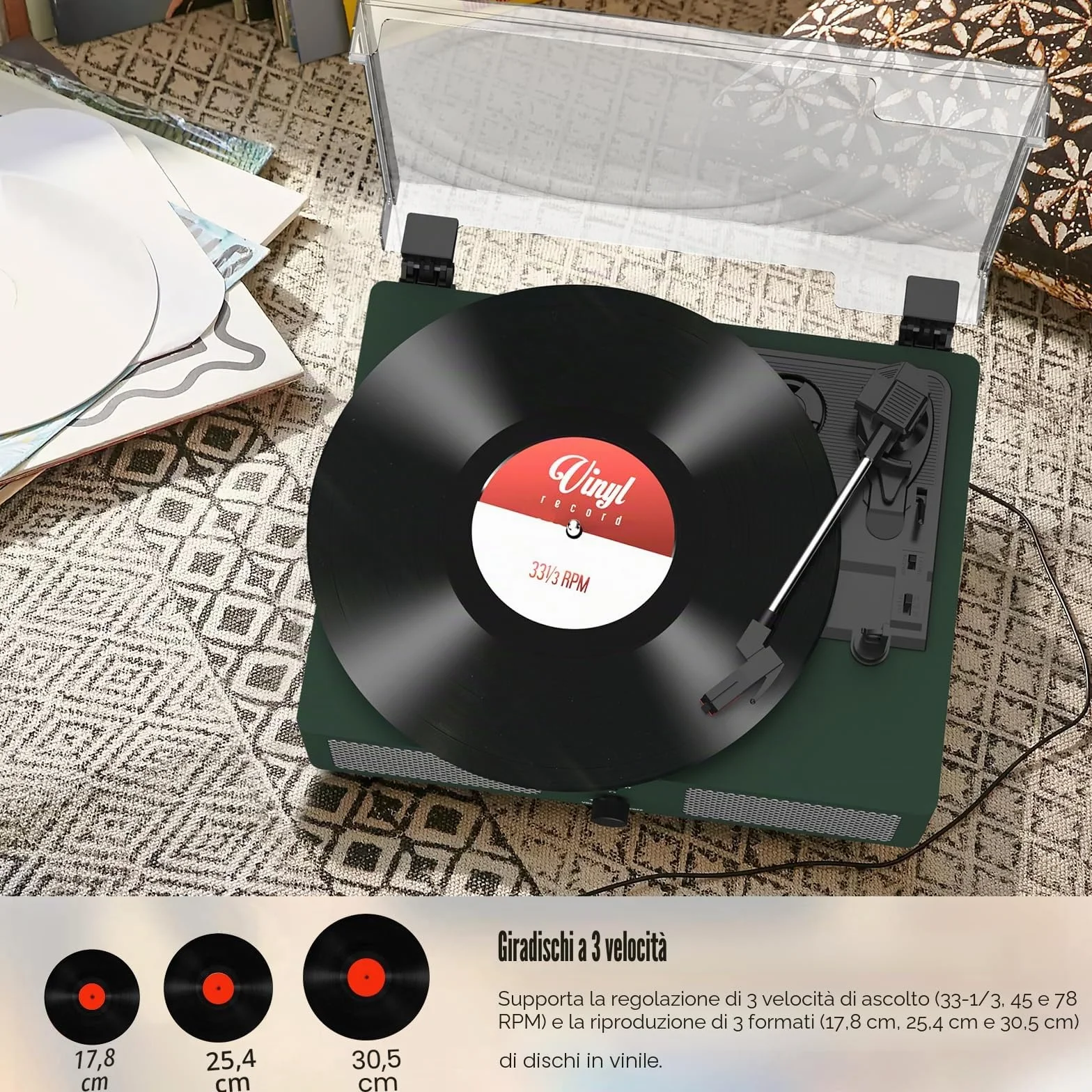 Udreamer Giradischi Bluetooth con Altoparlanti Integrati, Fonografo Vintage 3 Velocità, Verde