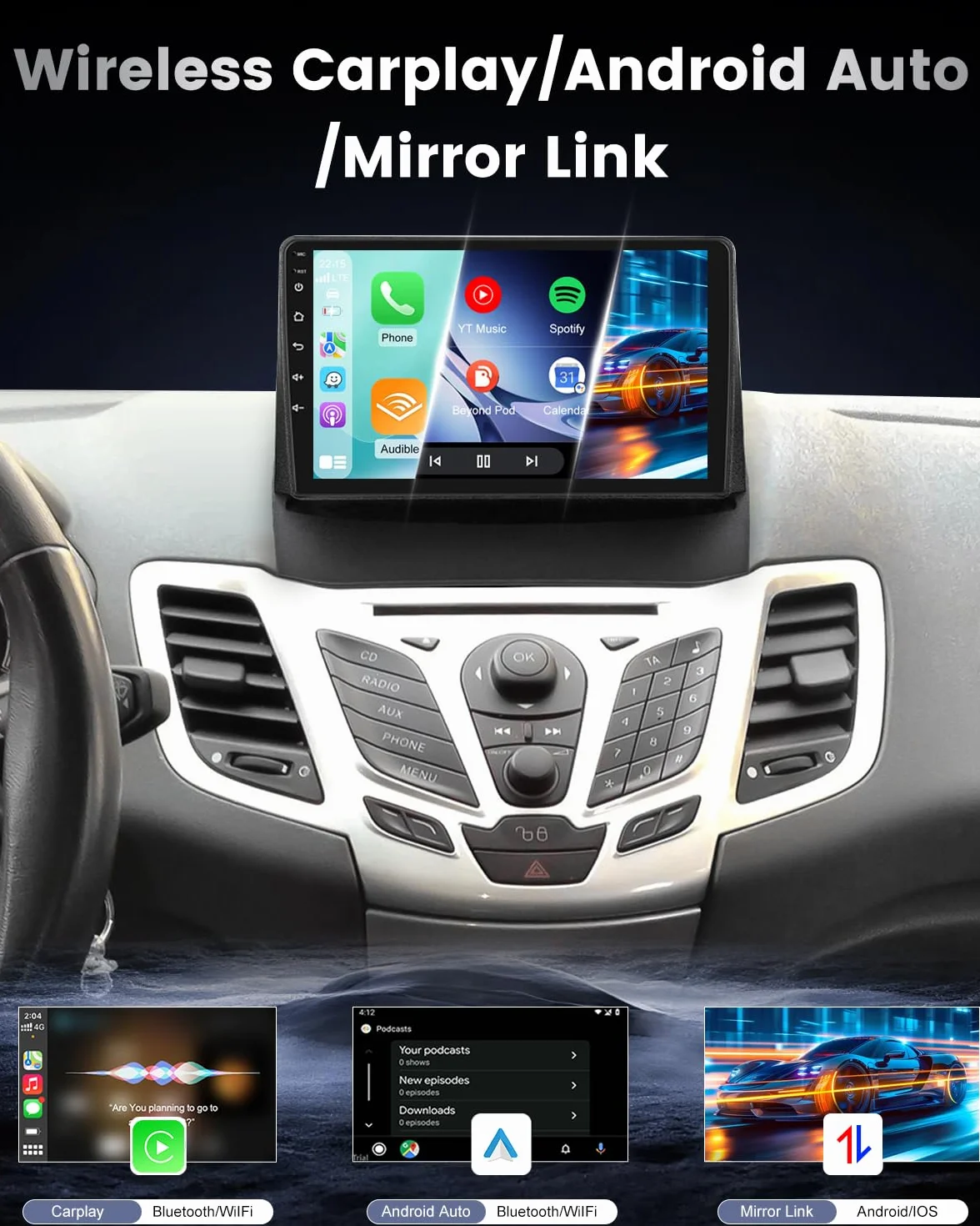 NHOPEEW Autoradio Android 2+64G per Ford Fiesta 2009-2017 con supporto per CarPlay wireless e Android Auto FM RDS navigazione GPS comandi al volante 40 temi dell'interfaccia utente e video online