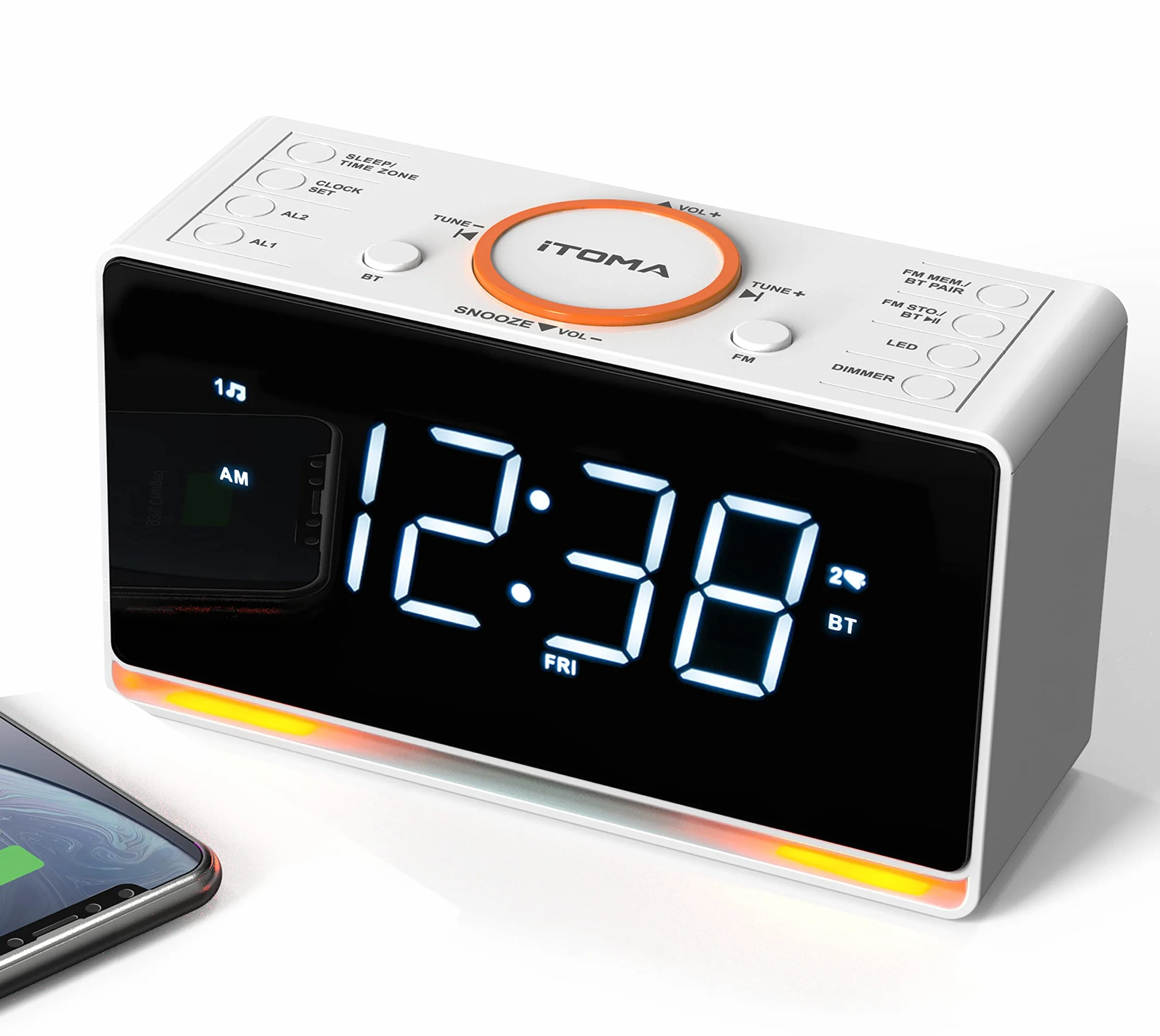 iTOMA Radiosveglia Bluetooth 1,4" Display LED Bianco FM Doppia Sveglia Timer Snooze Dimmer Caricatore USB CKS718