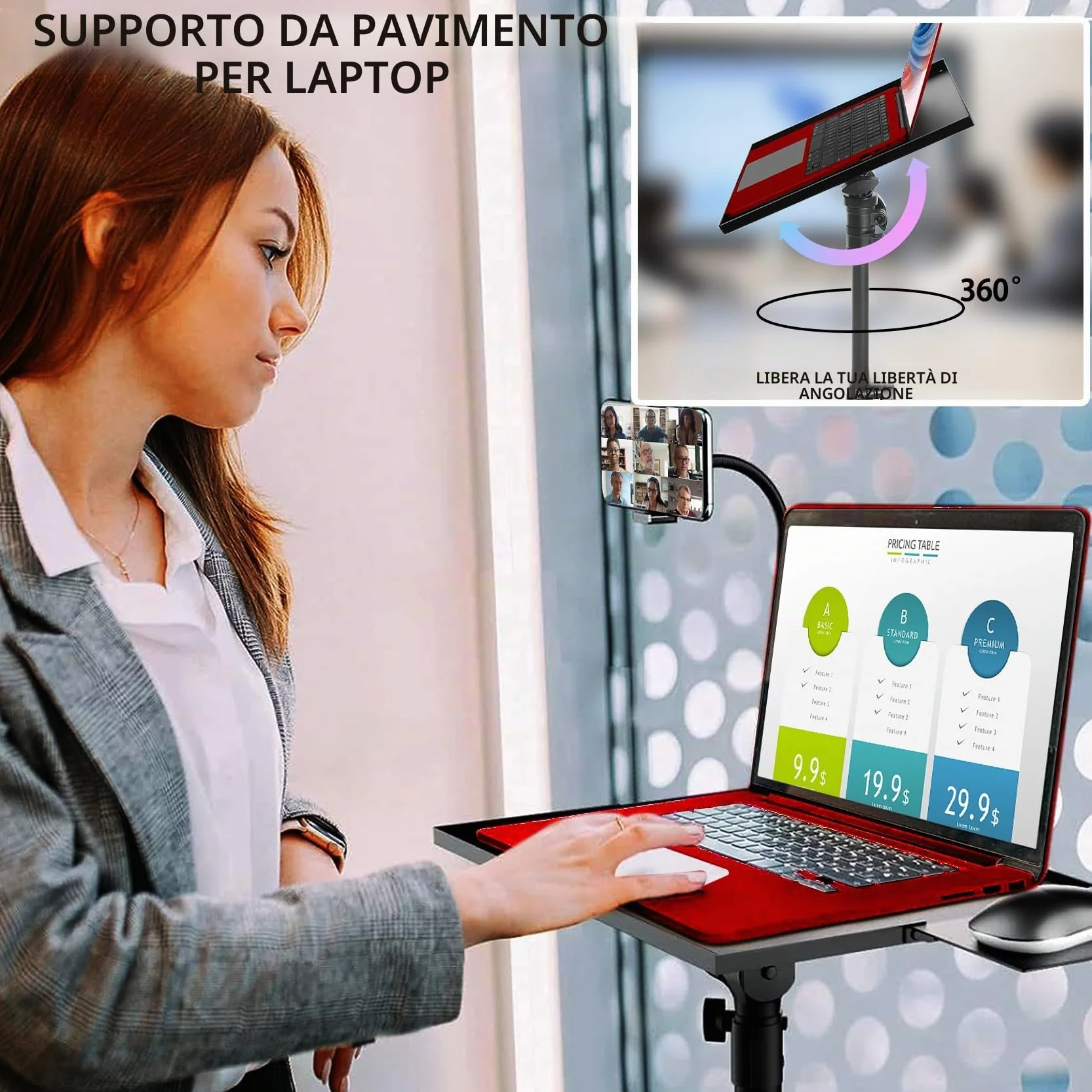 GlobalCrown Supporto Proiettore da Terra Regolabile in altezza (66-160 cm),Treppiede per Proiettore portatile Laptop con Vassoio per mouse e supporto per Telefono,Treppiede rotante con ruote