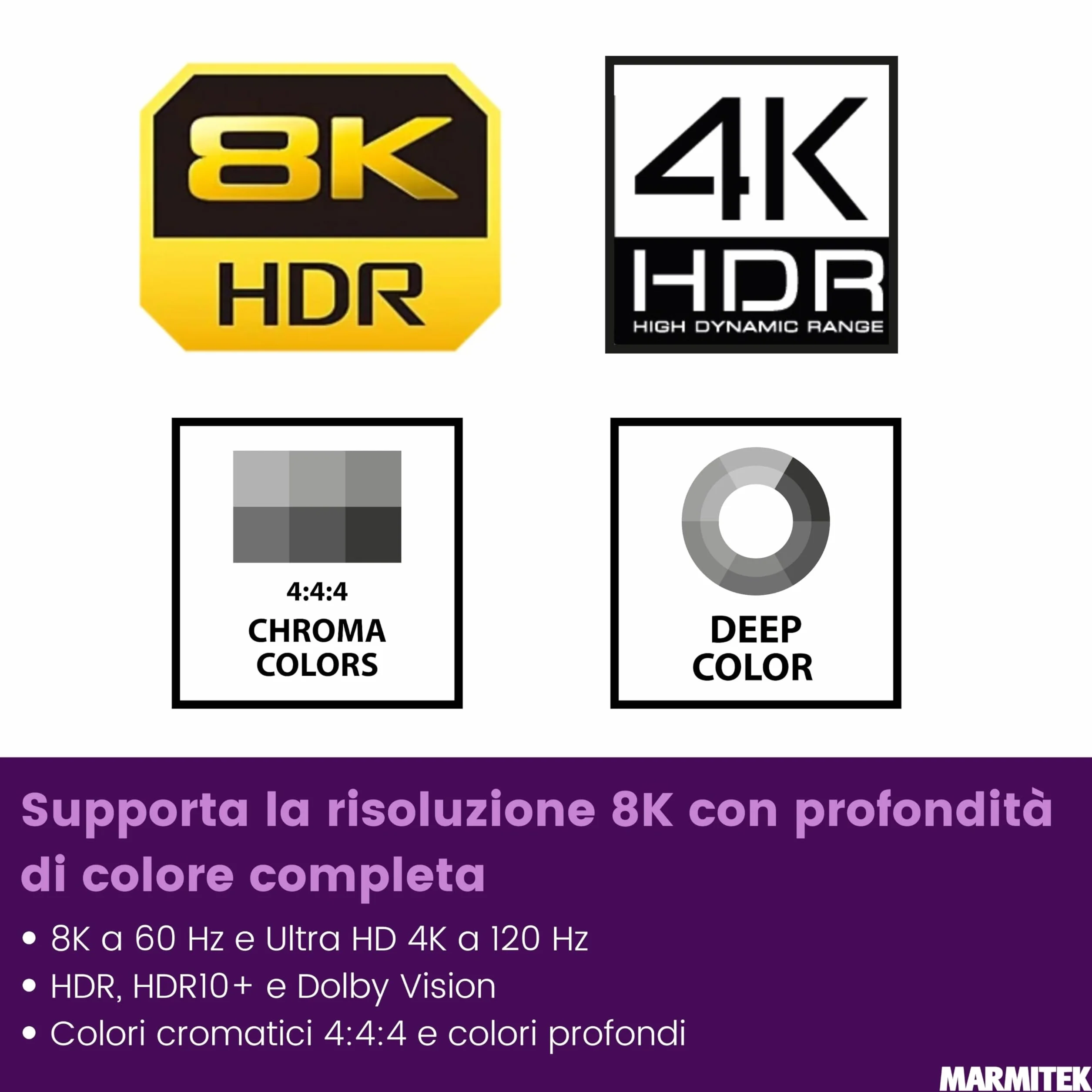 Switch HDMI 8K60 Marmitek Connect 740-4K120 gaming - HDMI 2.1 4 ingressi 1 uscita - 48 Gbit/s VRR ALLM QMS QFT - commutazione automatica - telecomando