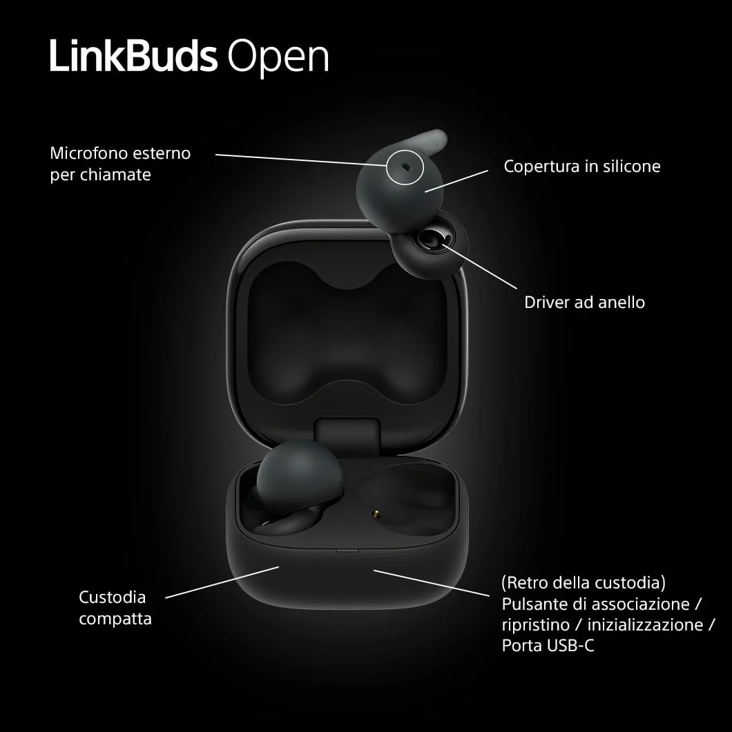 Sony LinkBuds Open Cuffie Bluetooth True Wireless Aperte IPX4 Multipoint Nero