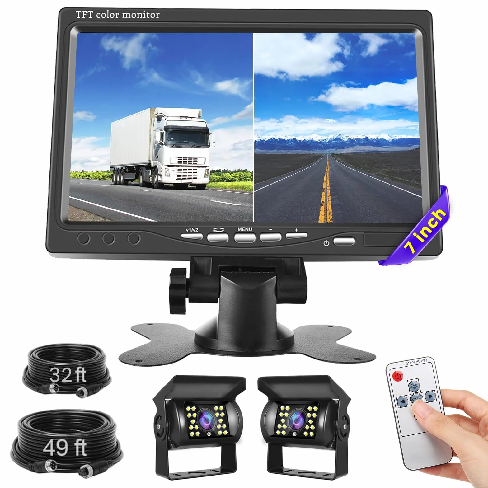Inefala Kit di Telecamera Posteriore con HD Colore Monitor da 7 Pollici + 4 Pin 10M Cavo e 15M Cavo, 2 Telecamera di Retromarcias Impermeabile Visione Notturna per RV Truck Bus Van 12V-24