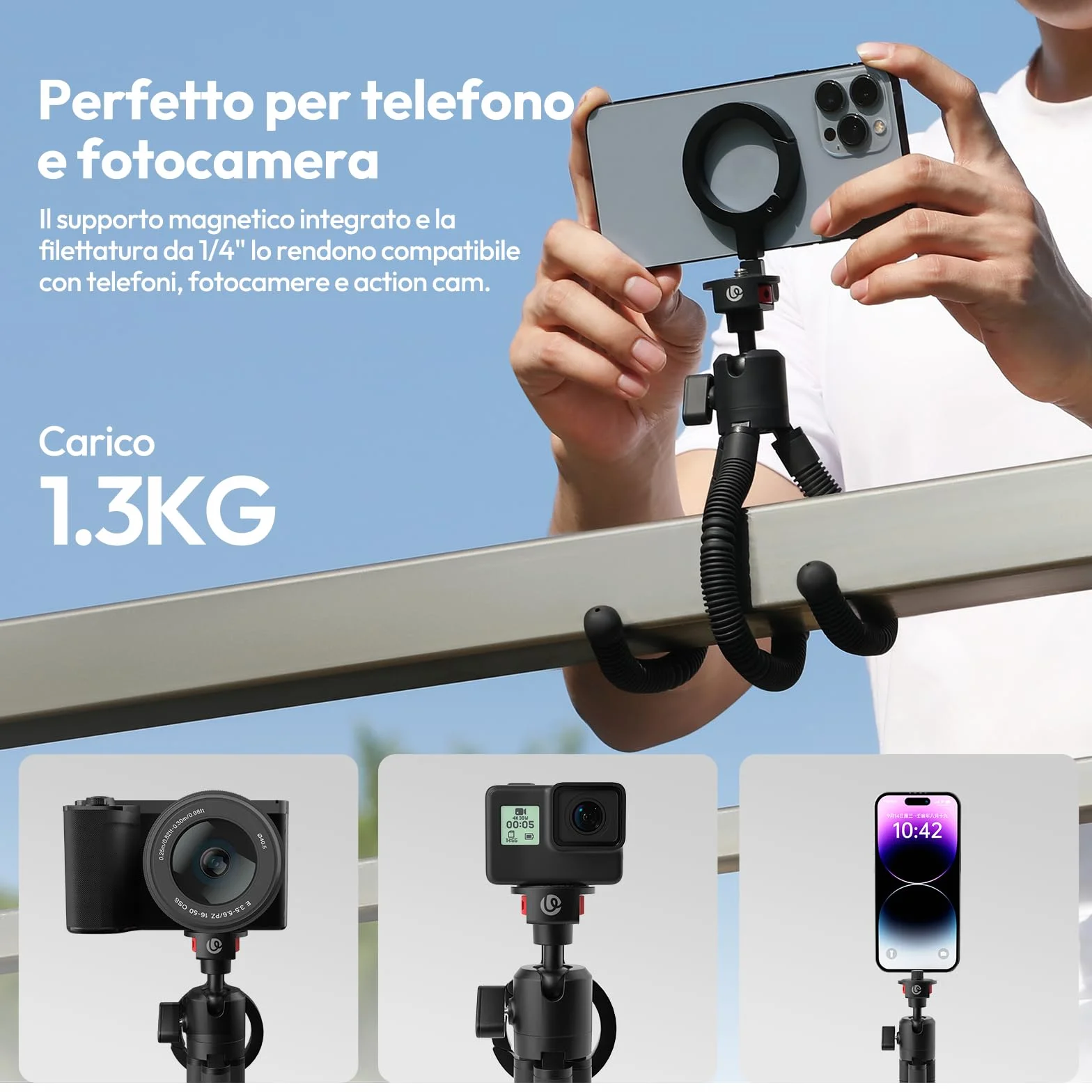 ULANZI MT30 cavalletto fotografico flessibile, Mini treppiede cellulare portatile magnetico per iPhone con filettatura da 1/4", Mini treppiede octopus per fotocame compatte per ripresa foto e video
