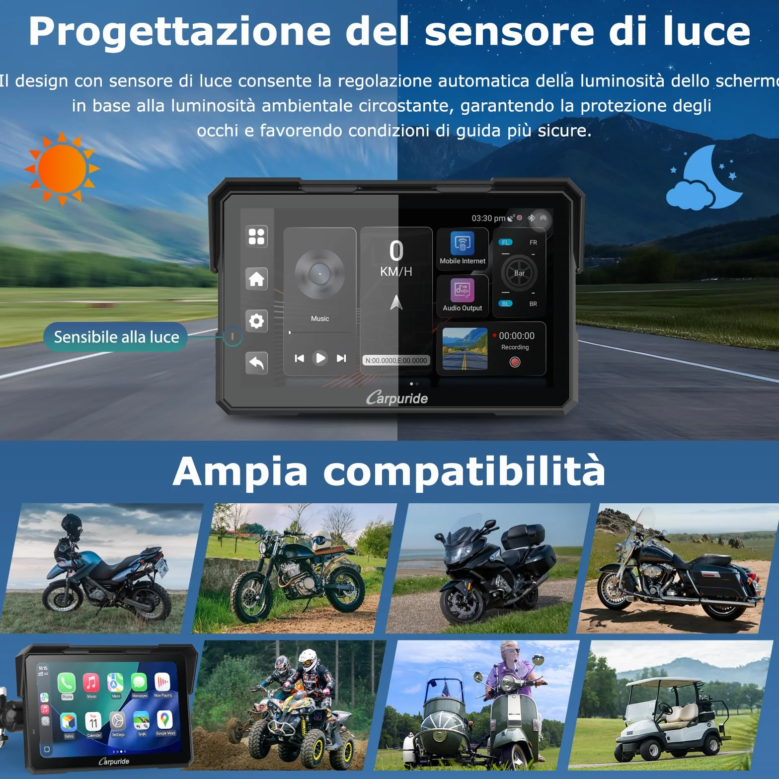 Carpuride W702 Plus Android 14 Moto Carplay Schermo con doppia fotocamera, Senza Fili CarPlay e Android Auto, 7" Touchscreen Impermeabile, BT Audio, Loop Registrazione,Navigazione online e offline.