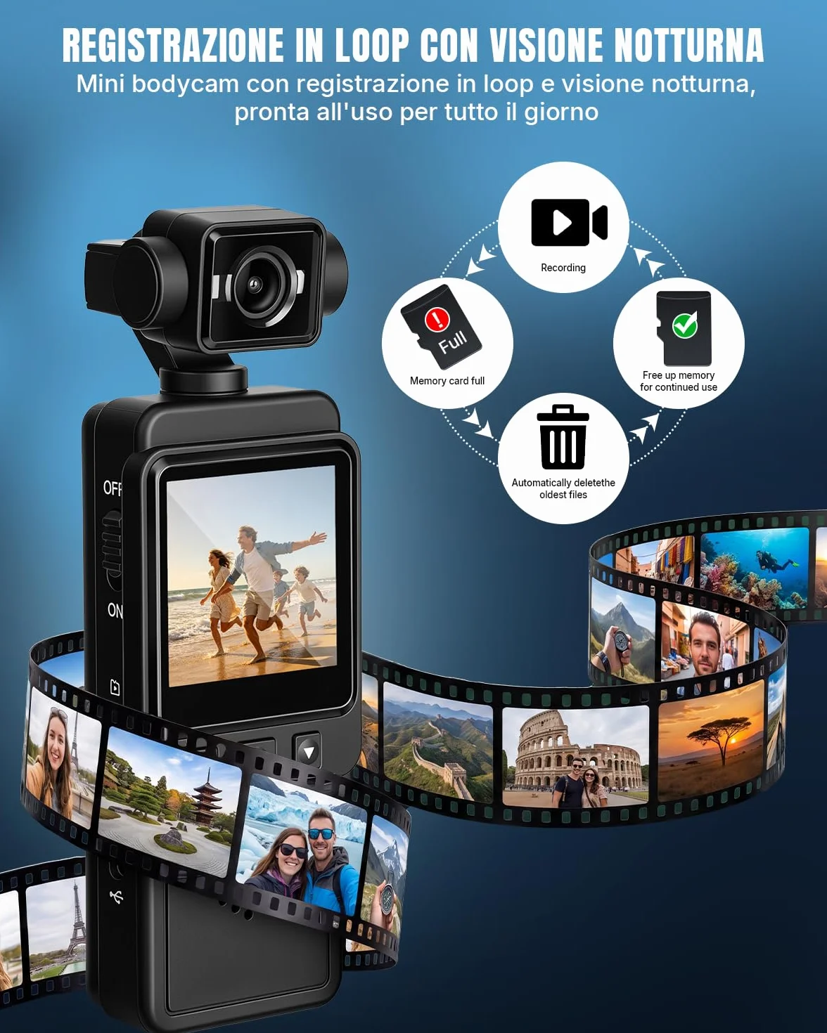 Mini Bodycam 4K, WiFi Fotocamera per Vlog, Videocamera Sportiva, Action Cam Portatile POV Telecamera Lente con Rotazione di 270°, per Fotografia, Youtube, Viaggi
