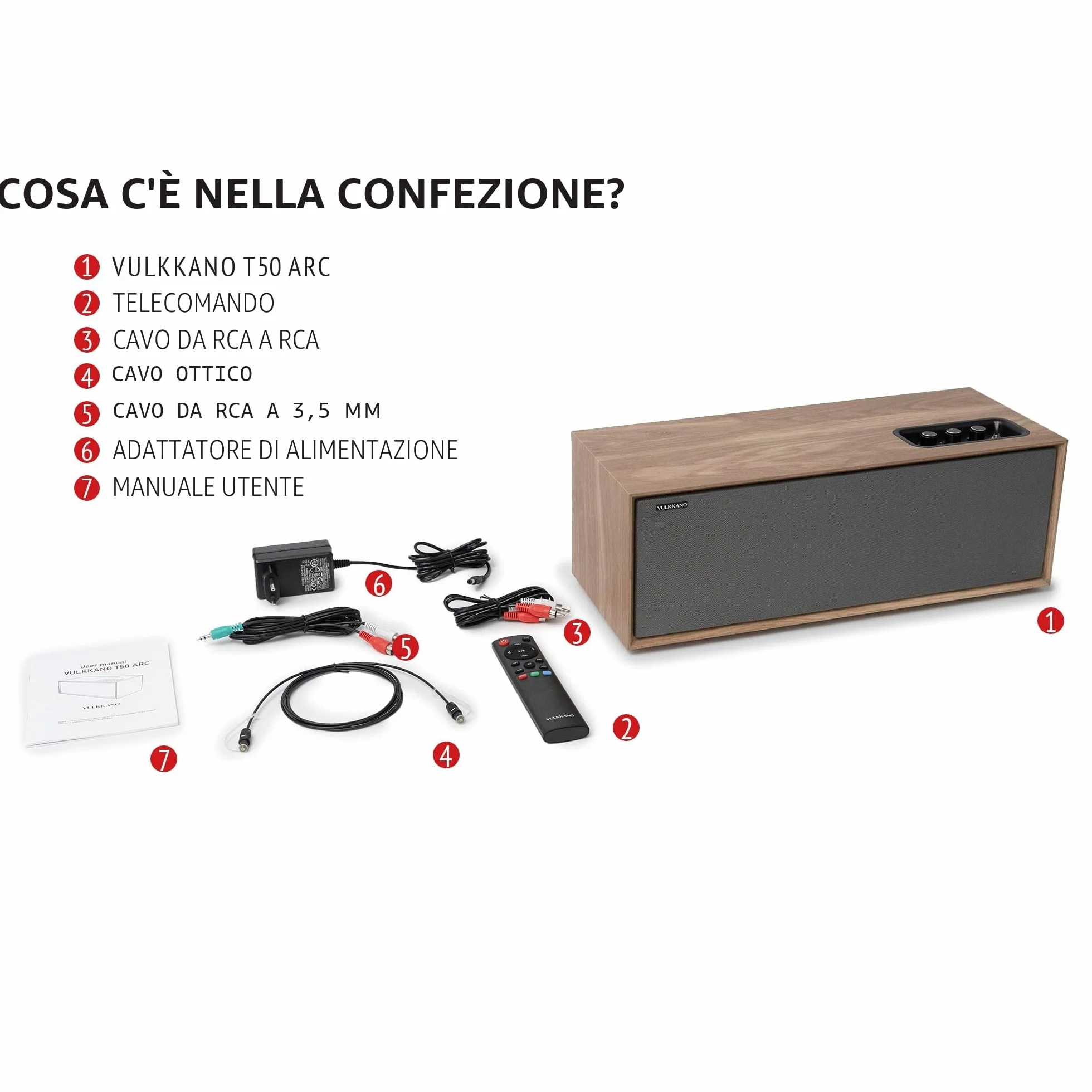VULKKANO T50 ARC Cassa Amplificata con 50W di Potenza, Woofer da 4" a Doppio Tubo, Bluetooth 5.0, HDMI ARC, Optica, RCA, USB, Telecomando Altoparlante da tavolo, TV o Scaffale, Colore Brown