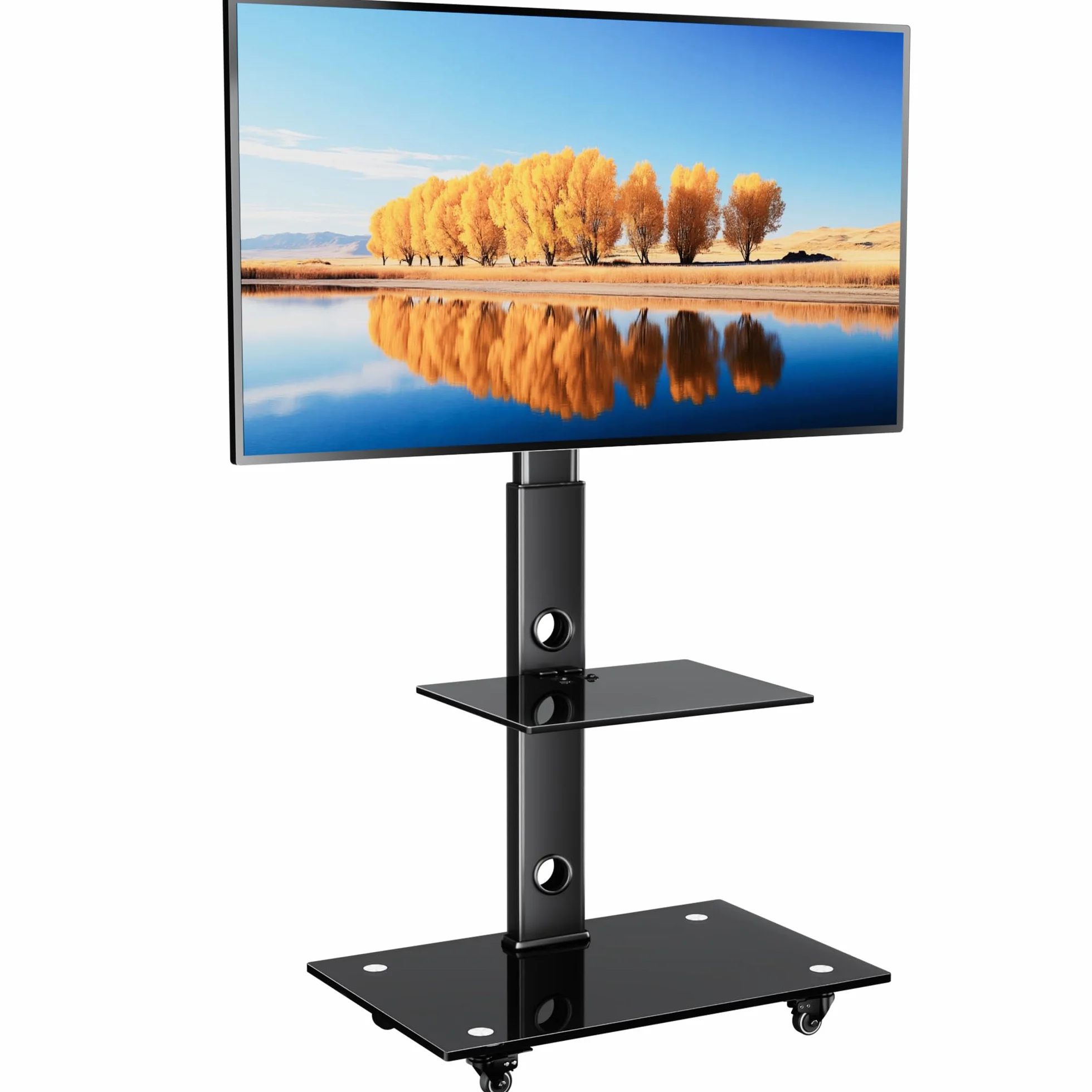 BONTEC Supporto TV da Pavimento 30-70 Pollici, Altezza Regolabile, Ripiani in Vetro Temperato, Carrello TV Portatile con Ruote, 40kg, VESA 600x400mm