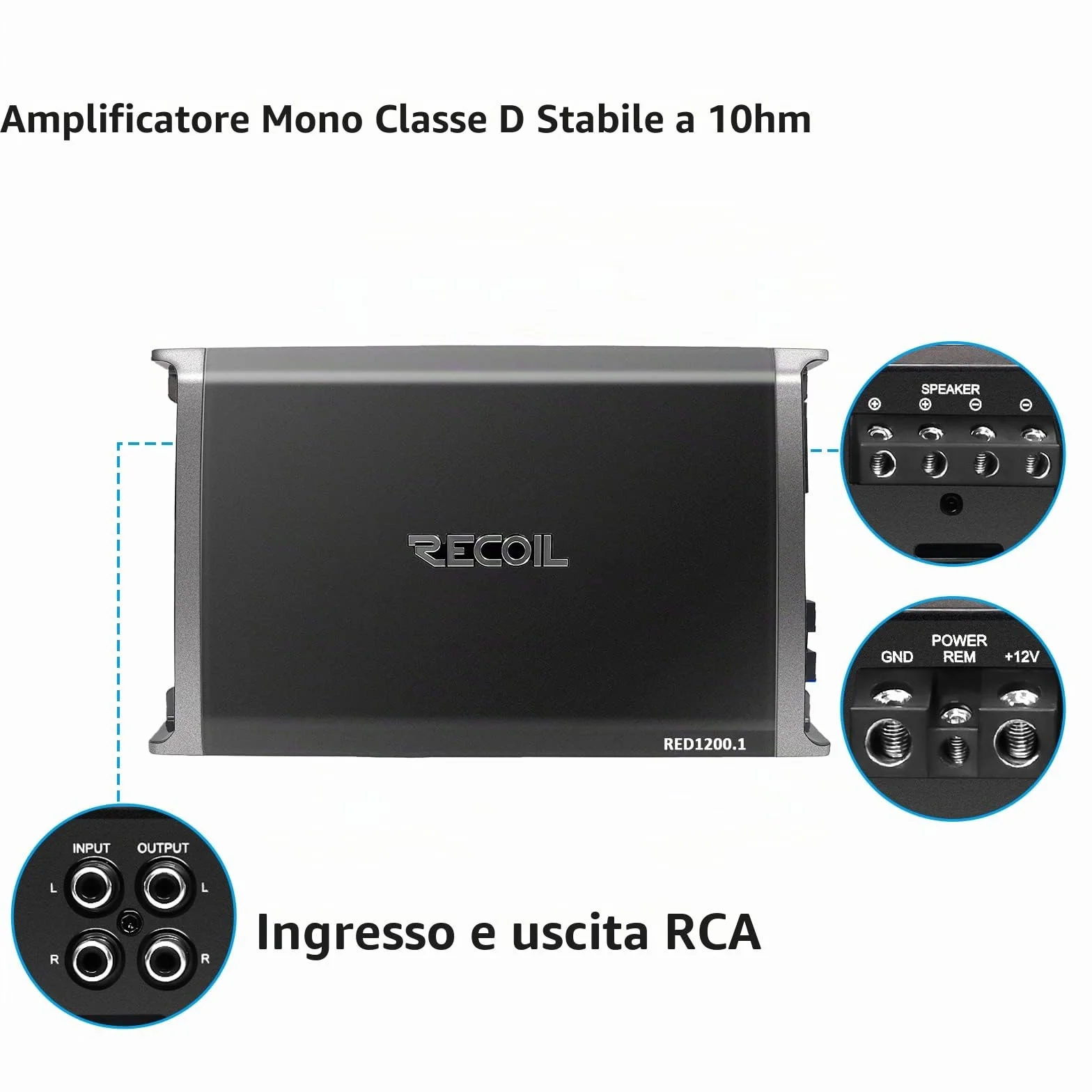 RECOIL RED1200-1 Amplificatore subwoofer monoblocco per auto in classe D da 2500 Watt, 1 Ohm stabile, manopola dei bassi remota inclusa