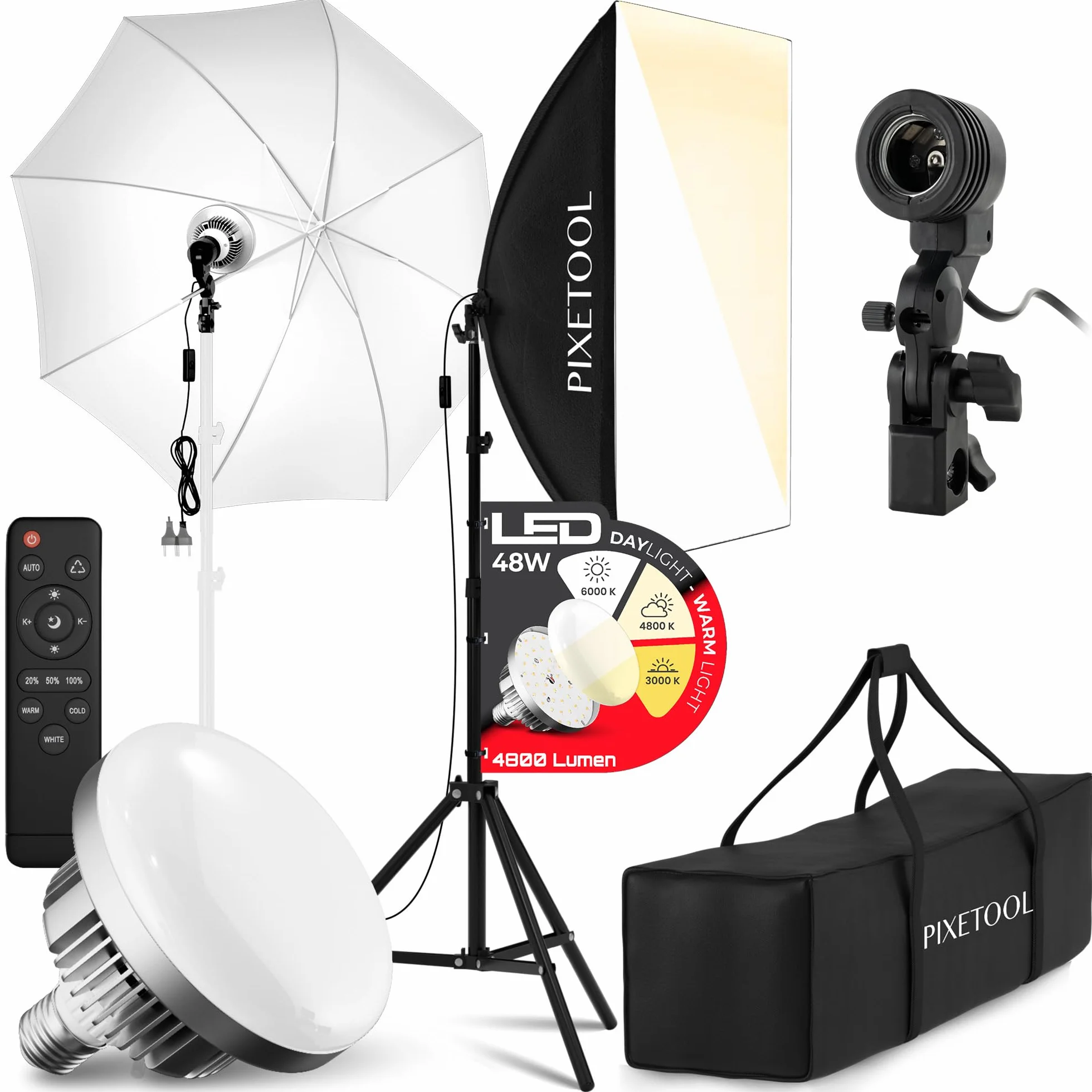 Set Softbox per Studio Fotografico - 1 Softbox 50x70 cm, Riflettore Umbrello, Luci a LED 4800 Lumen 3000-6000K - Luce Fotografica - Kit di Illuminazione – Lampada Fotografica