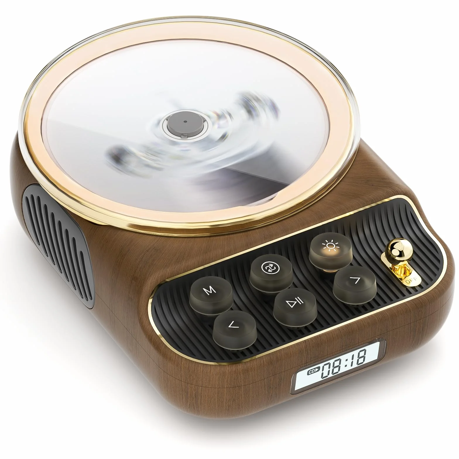 Retro Lettore CD Portatile Bluetooth con Altoparlante Lettore musica da tavolo a parete con supporto Riproduzione TYPE-C/AUX Presa per cuffie Colore del legno