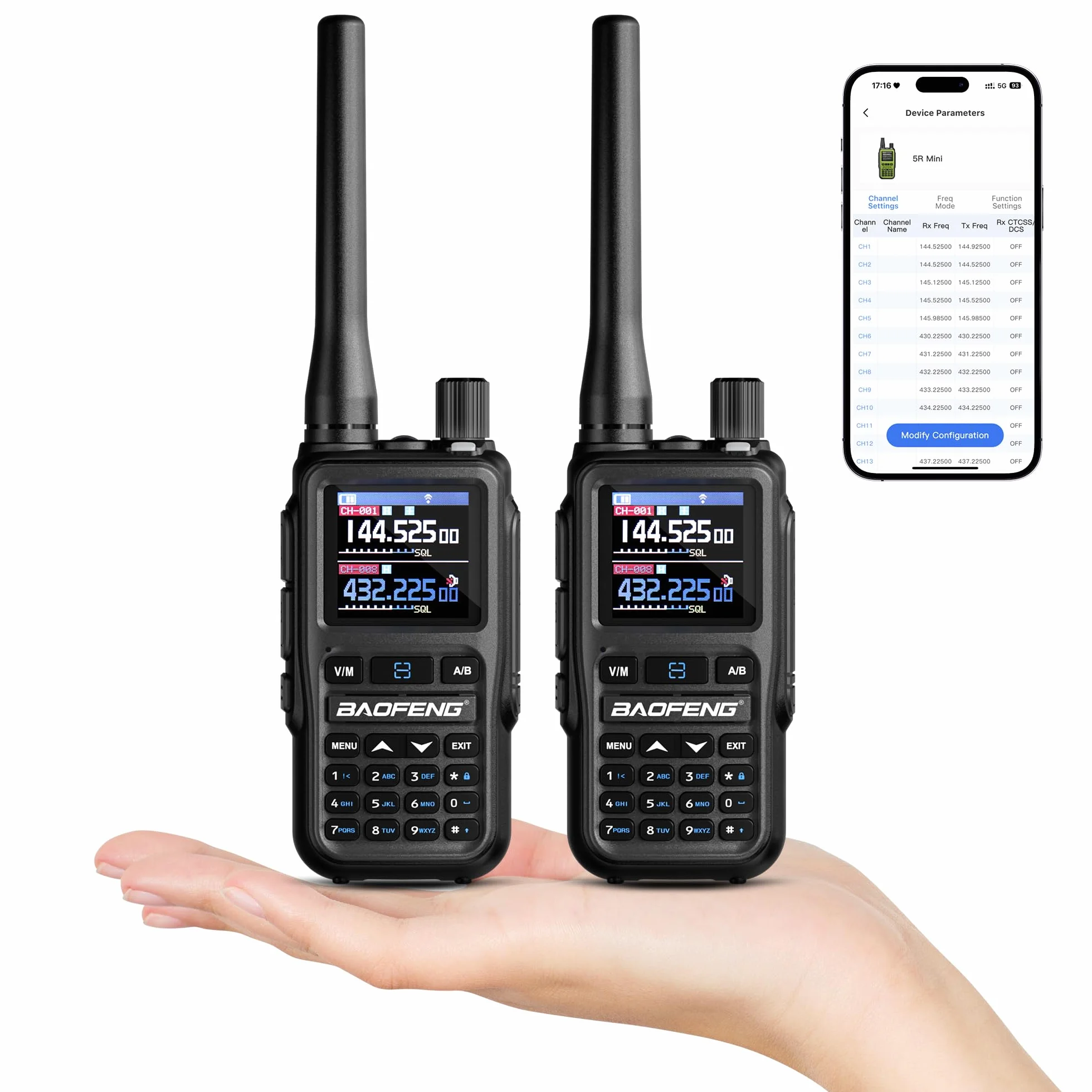 Baofeng GT-5R Mini Radio portatile 5W a doppia banda, Walkie Talkie UHF VHF compatto con programmazione tramite App BT, 999 canali, Doppio PTT, USB-C, Ricevitore Airband/FM, Torcia, Confezione da 2