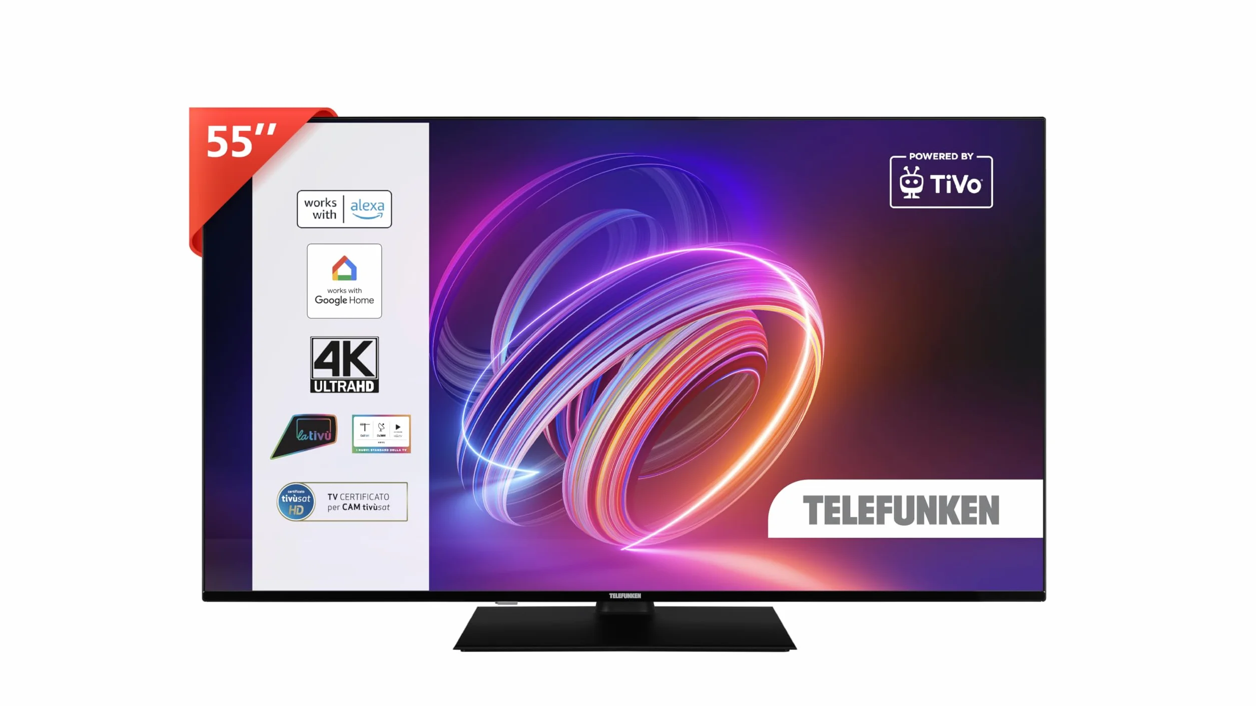 TELEFUNKEN 2025 Smart TV 55" Ultra HD TE55750B46I2PZ, TiVo TV LED 55 Pollici, Compatibile con Alexa e Google Assistant, DVB-I, Digitale DVB-T2, Dolby Vision, HDR10