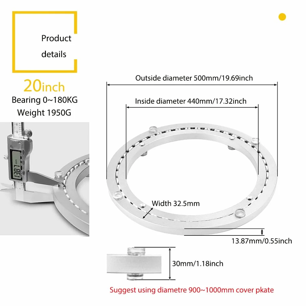 Piastra Girevole con Cuscinetto 360 Gradi per Tavolo, Grande Piattaforma Girevole Centrotavola Rotante in Alluminio per Pranzo Torte TV Monitor Stand (50cm(20in-Quiet))