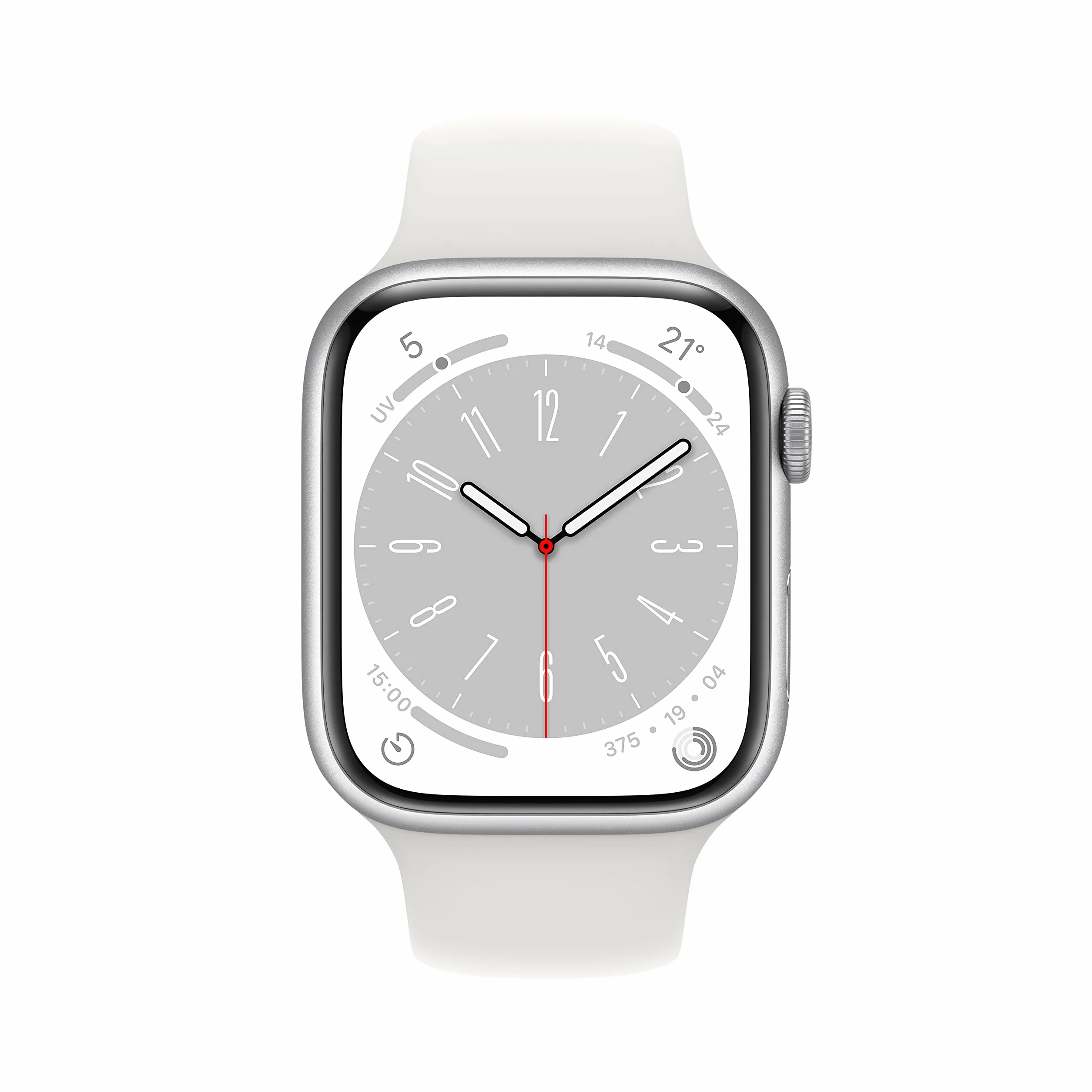 Apple Watch Series 8 (GPS, 45MM) - Cassa in Alluminio Argento con Cinturino Sport Bianco, Regular (Ricondizionato)