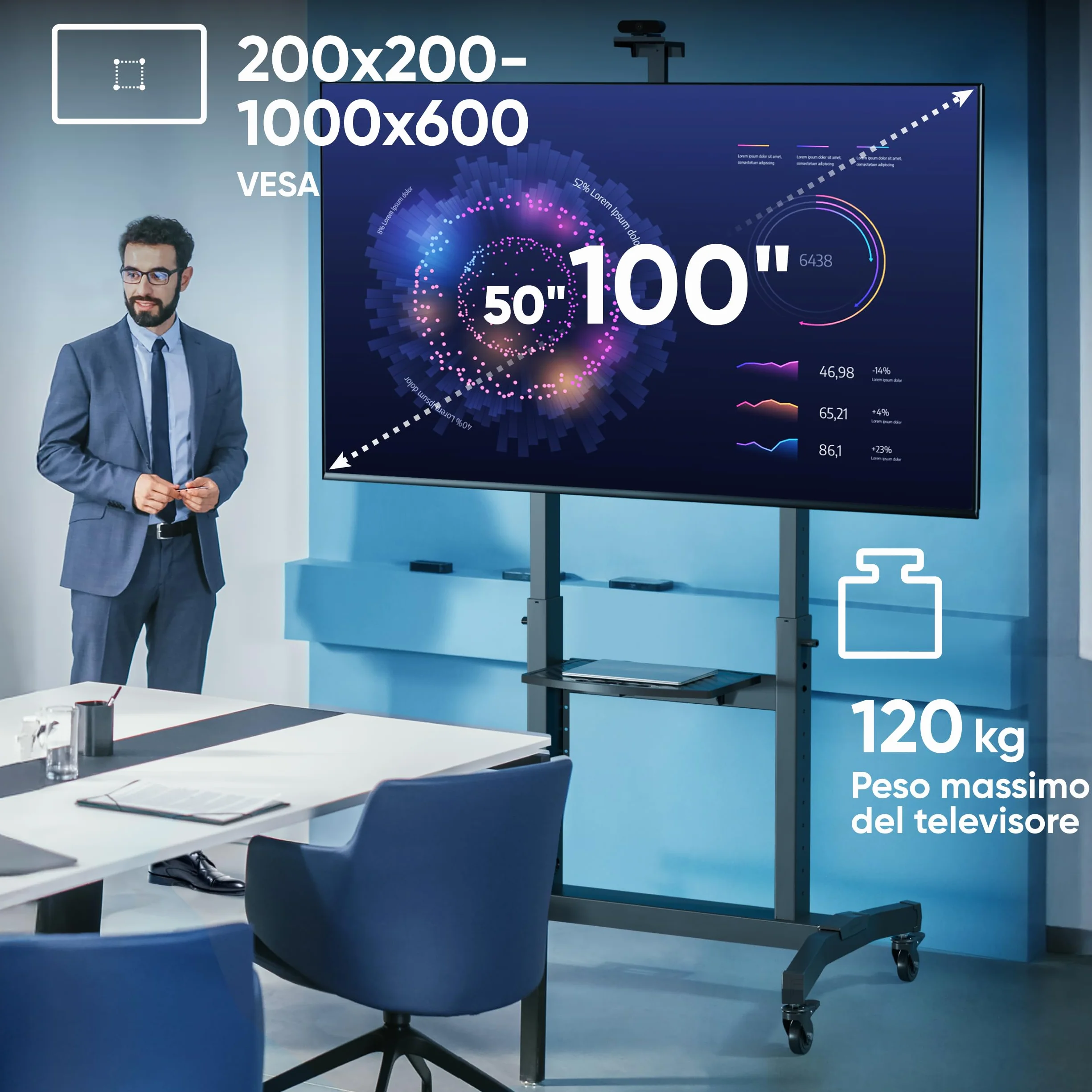 ONKRON Carrello Porta TV con Ruote 50-100 pollici, Carico Totale 130 kg, VESA 200x200-1000x600, Supporto TV da Pavimento Regolabile in Altezza e Inclinabile, Porta Televisore Mobile, Nero TS1991-B