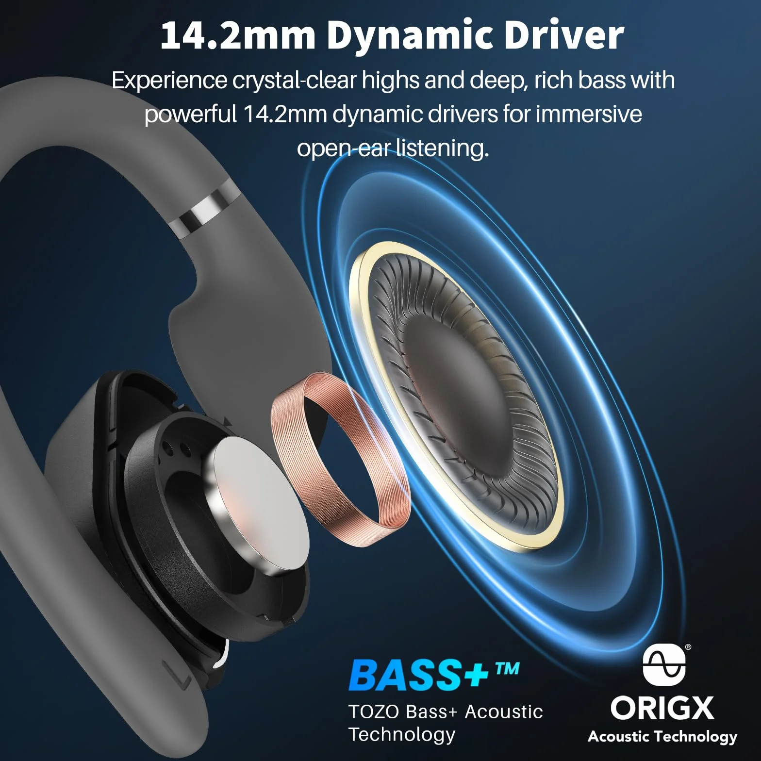 TOZO OpenWear Cuffie Bluetooth con ENC Chiamate, 14.2mm Driver 38 Ore, LED Schermo, Bassi Potenti, 5 EQ Modalità, Doppio Cardine Ultra Confort, Gancio Rotazione, Ricarica Rapida USB Tipo C Nero