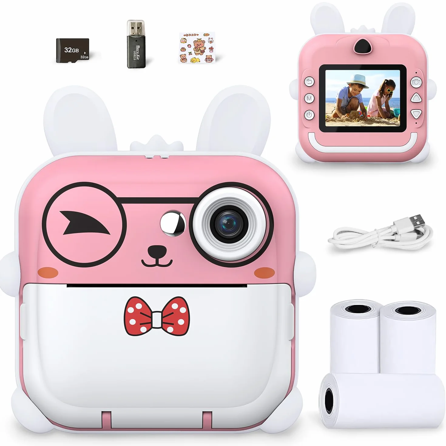 JESWO Macchina Fotografica Bambini Istantanea, Stampa Termica, Funzionalità di Registrazione Foto e Video HD, Inclusa Scheda SD da 32 GB, 3 Rotoli di Carta Termica e Adesivi