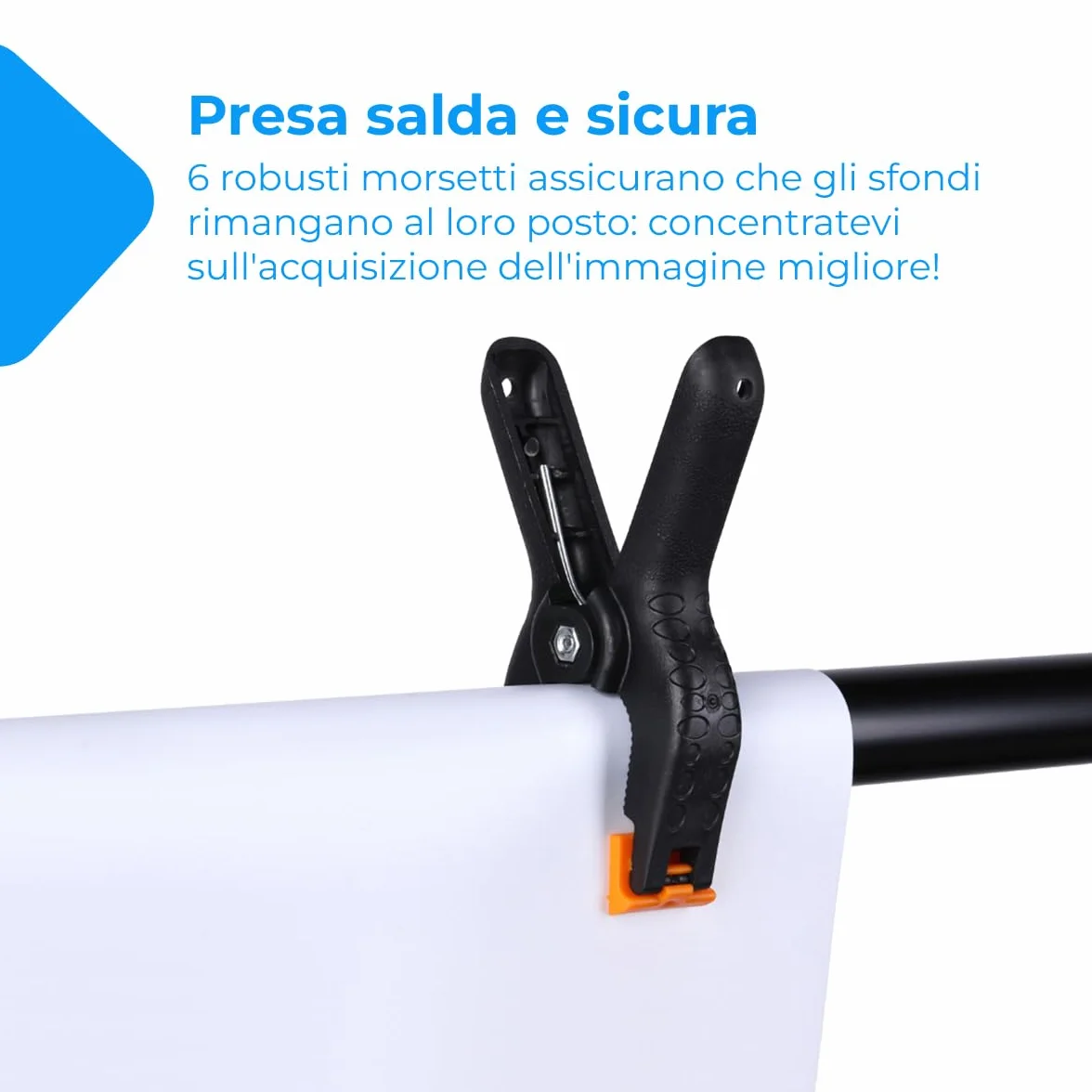 Supporto per fondale fotografico professionale NK 2 x 3 metri, regolabile e retrattile, 2x treppiede, 1x barra trasversale interconnessa, 6x mollette, 4x fascette laterali in velcro, 1x borsa