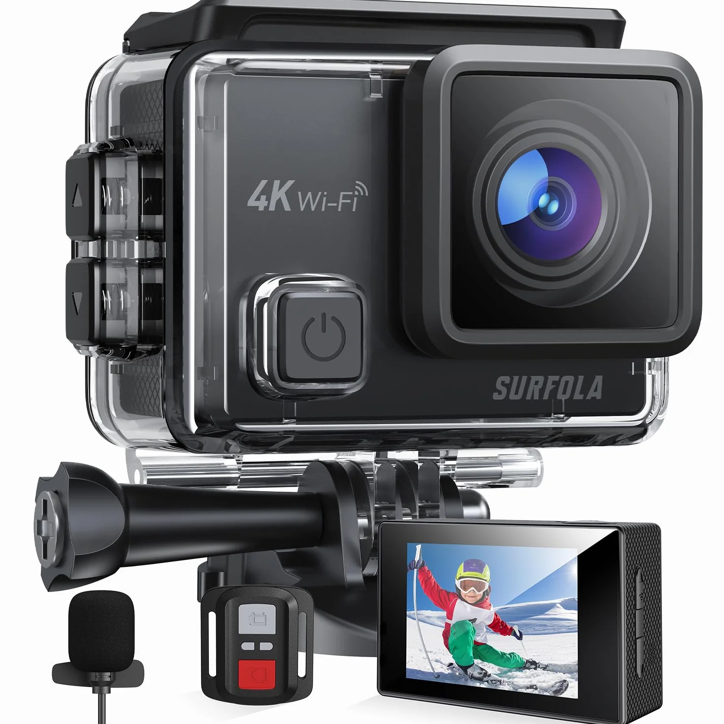 Surfola Action Cam 4K Subacquea 40M, WiFi Videocamera EIS, Fotocamera per Casco, 170° Grandangolare Time-Lapse, Mic Esterno, Telecomando2.4G, 2x1050mAh Batterie