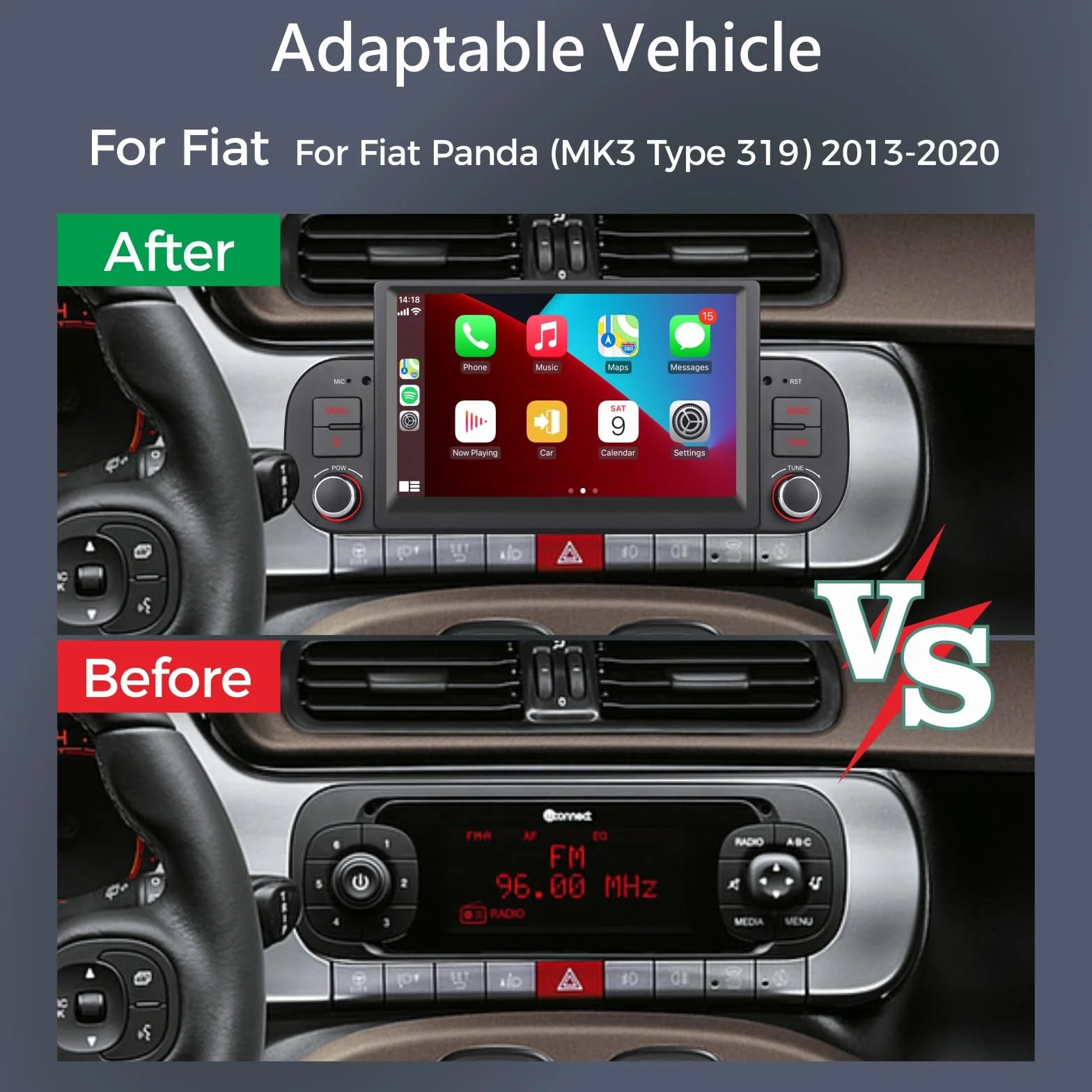 Autoradio per Fiat Panda 2013-2020 con Carplay/Android Auto/Mirrorlink Radio Schermo tattile Supporto, 7 pollici Touchscreen Bluetooth/FM/AM/USB/EQ