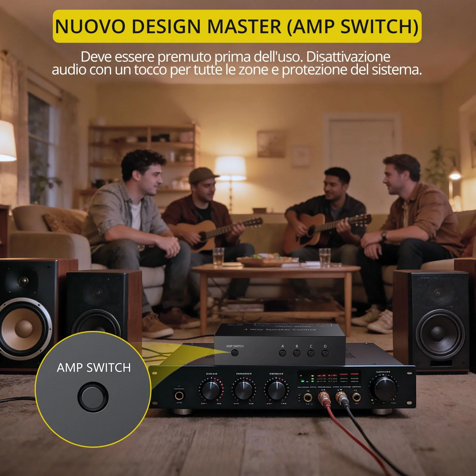 PROZOR Commutatore Altoparlanti 4 Zone Switch Passivo 1 Ingresso 4 Uscite 150W/Canale Selettore Passivo Altoparlanti 4 Zone Controllo Indipendente Zone A/B/C/D con Interruttore Master