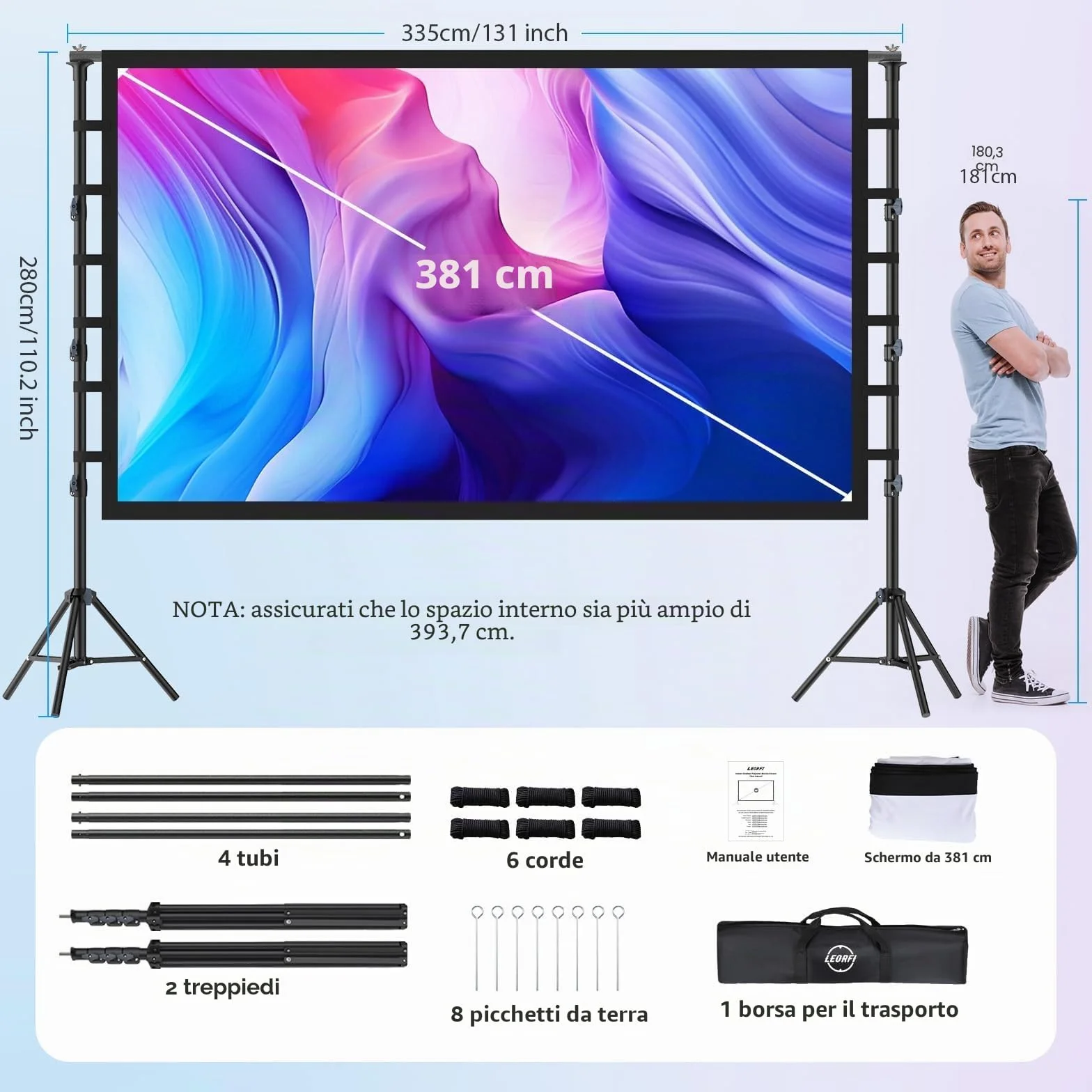 Schermo per Proiettore 150” Pollici con Treppiedi, LEORFI Schermo di Proiezione Supporta 4K Full HD 16:9, Schermo Portatile Pieghevole, Altezza Regolabile, Campeggio All'aperto e Teatro Domestico
