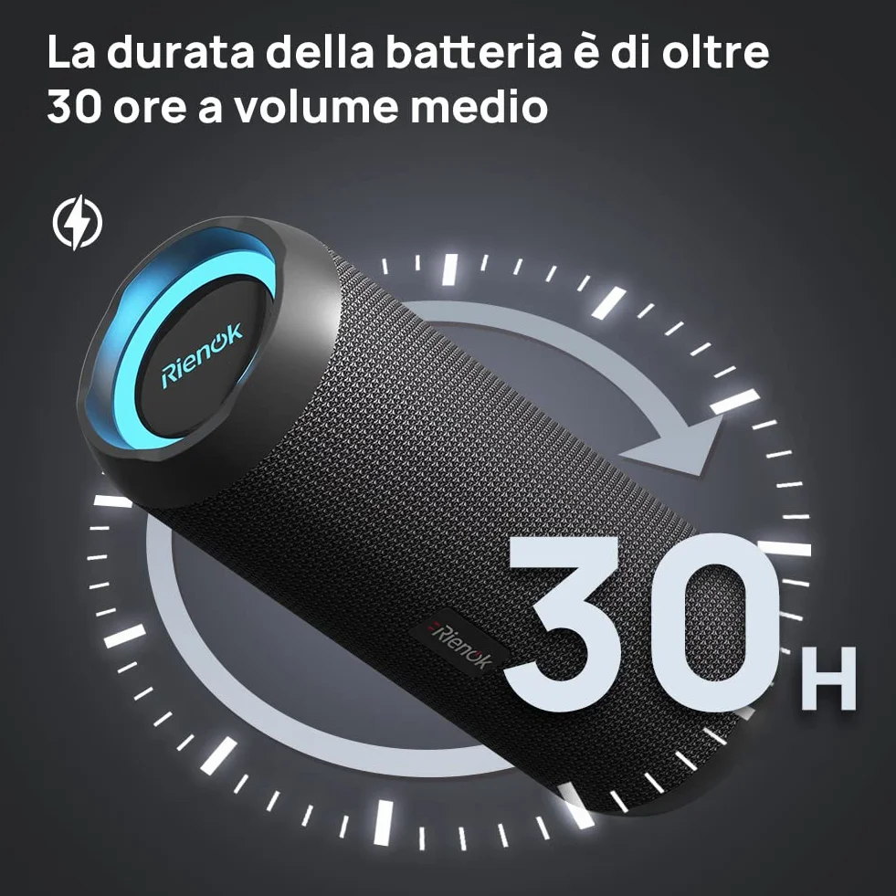 RIENOK Cassa Bluetooth Portatile Potente 30W IPX7 Impermeabile Altoparlante Bluetooth, Bassi Potenti, Luce LED, AUX & Micro SD