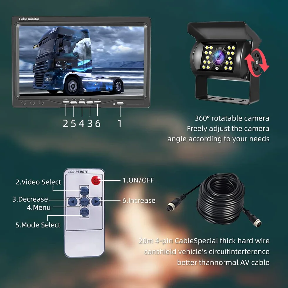 Kit Telecamera Retromarcia con 7 Pollici monitor HD, Telecamera Backup Impermeabile IP68 Visione Notturna 18IR, Telecamera Posteriore Auto con Cavo 4 Pin 20 m 12V-24V per Camper/Camion/Bus/Rimorchi