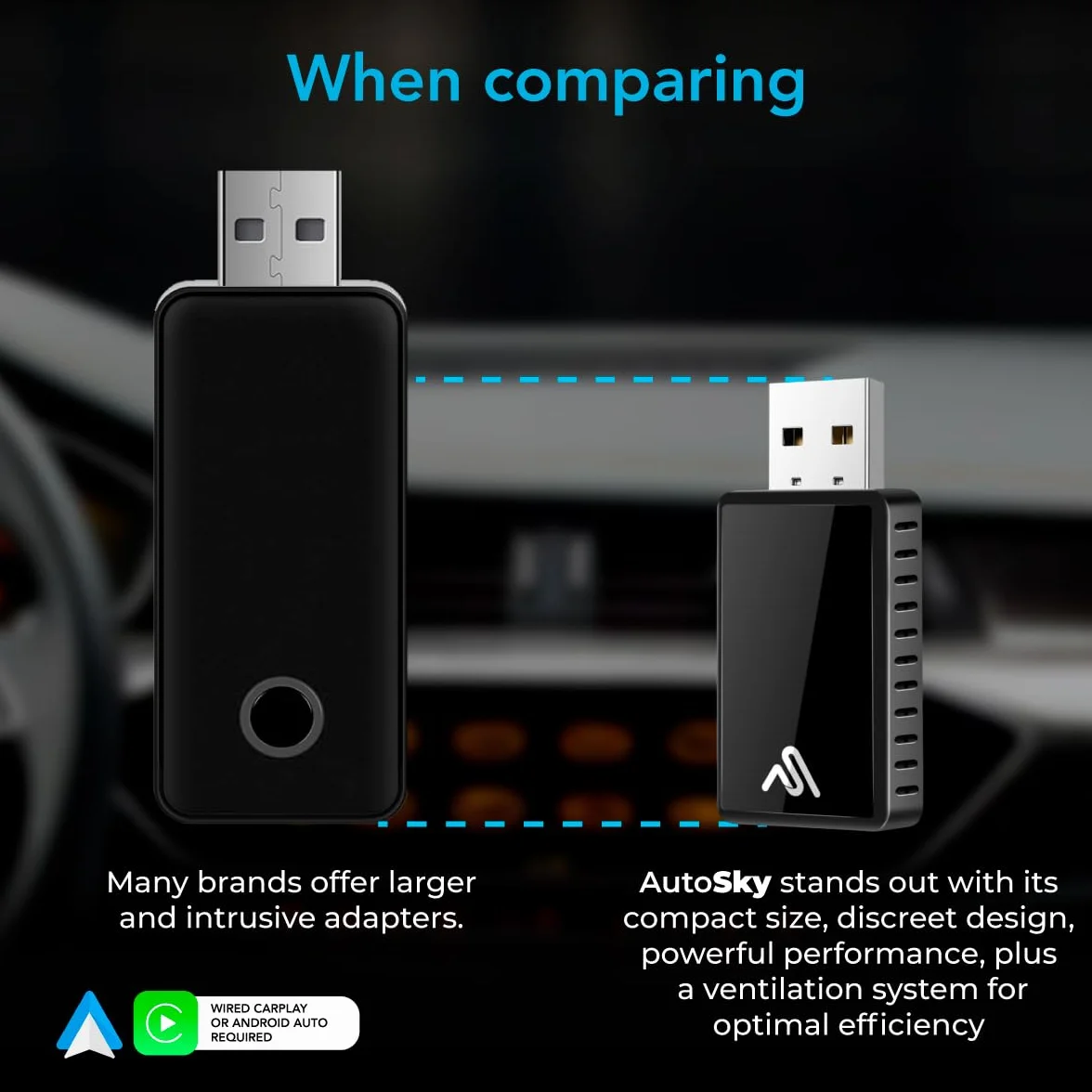 AutoSky Adattatore Wireless CarPlay e Android Auto 2-in-1, Dongle USB Pro Convertitore Cablato in Wireless, WiFi 5GHz, Plug & Play per Auto dal 2016, Design Nero Lucido Compatto, No Lag