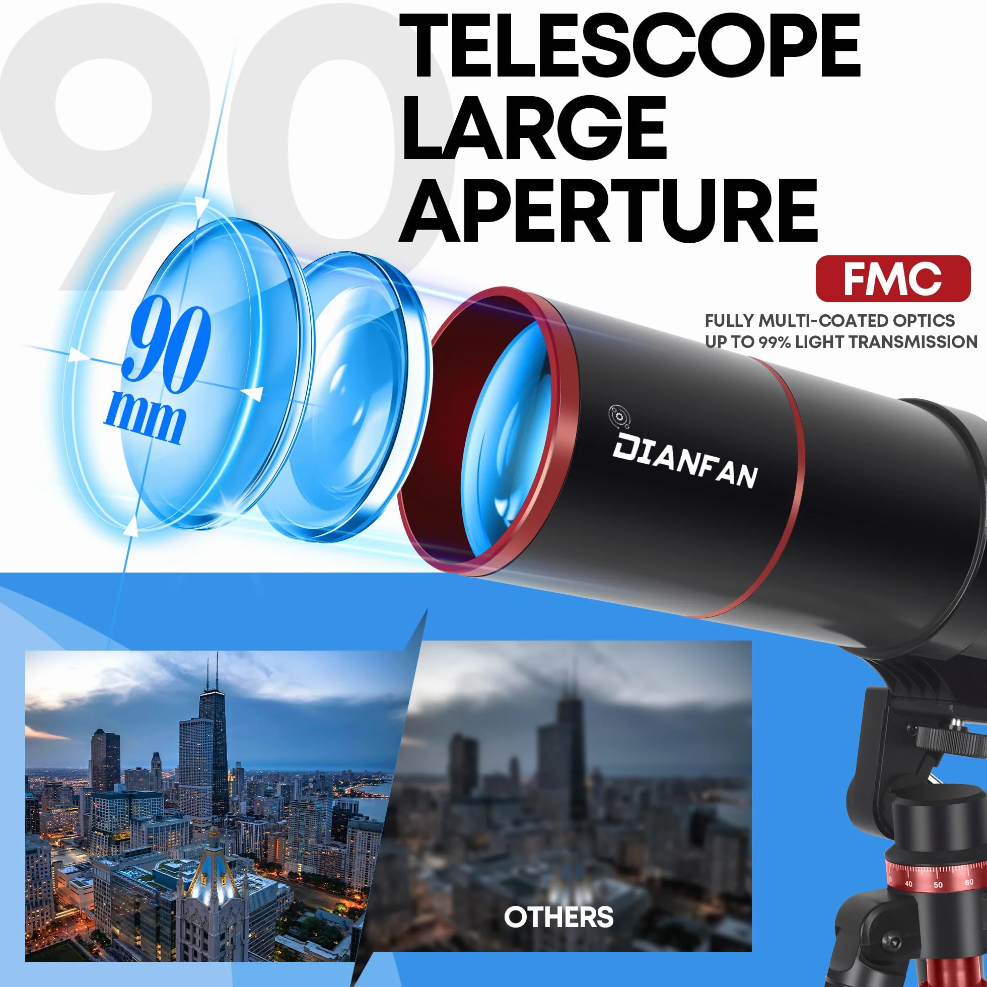 Dianfan Telescopio 90/550 Astronomico Professionale per Adulti, Telescopio Rifrattore Portatile per Principianti con Treppiede, Adattatore Smartphone, Borsa e Sgabello Pieghevole