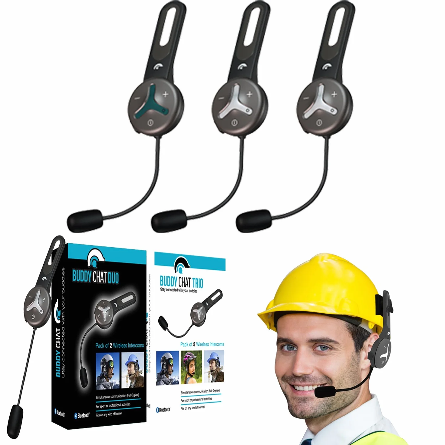 Trio – Citofono con 3 moduli auricolari Bluetooth con portata fino a 1 km – vivavoce con cancellazione del rumore DSP e connessione smartphone