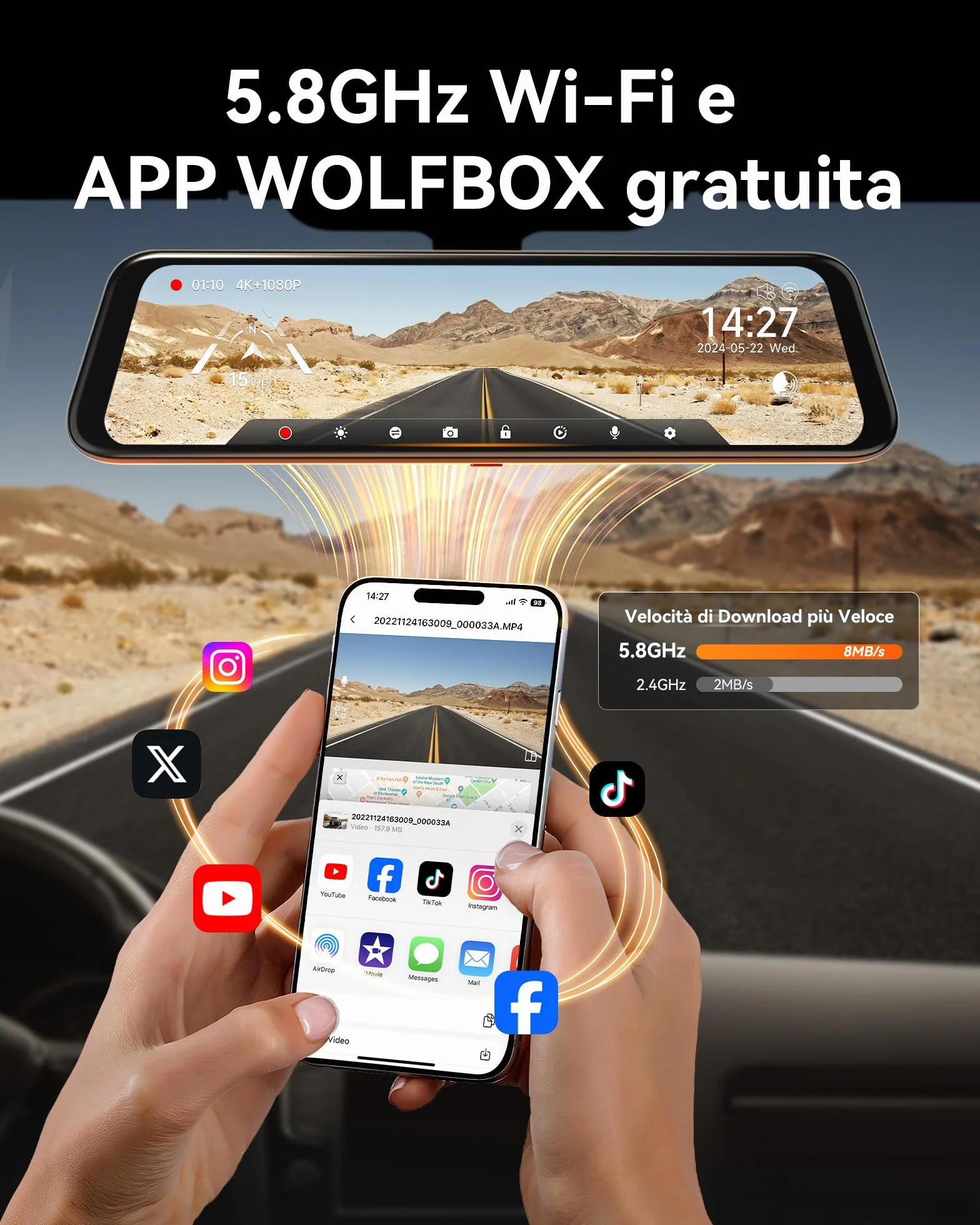 WOLFBOX 12" 4K Telecamera per Specchietto Retrovisore Auto con 5.8GHz WiFi e Controllo Vocale, Doppia Specchio Dash Cam con 1080P WDR Backup Camera, Monitor di Parcheggio, Scheda 64GB & GPS (G850)