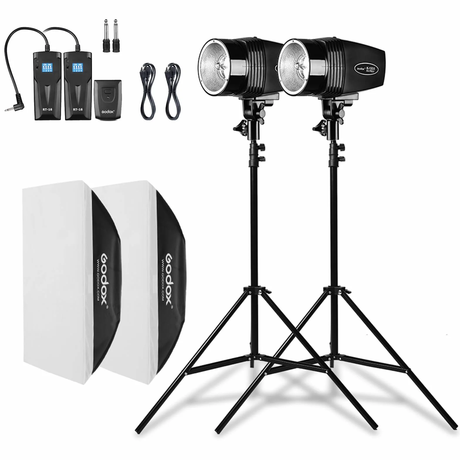Godox Kit Professionali Flash Stroboscopico da Studio Fotografia, 2 x 180W 5600K Flash Monoluce, RT-16 Trigger, Supporto per Luce, Softbox
