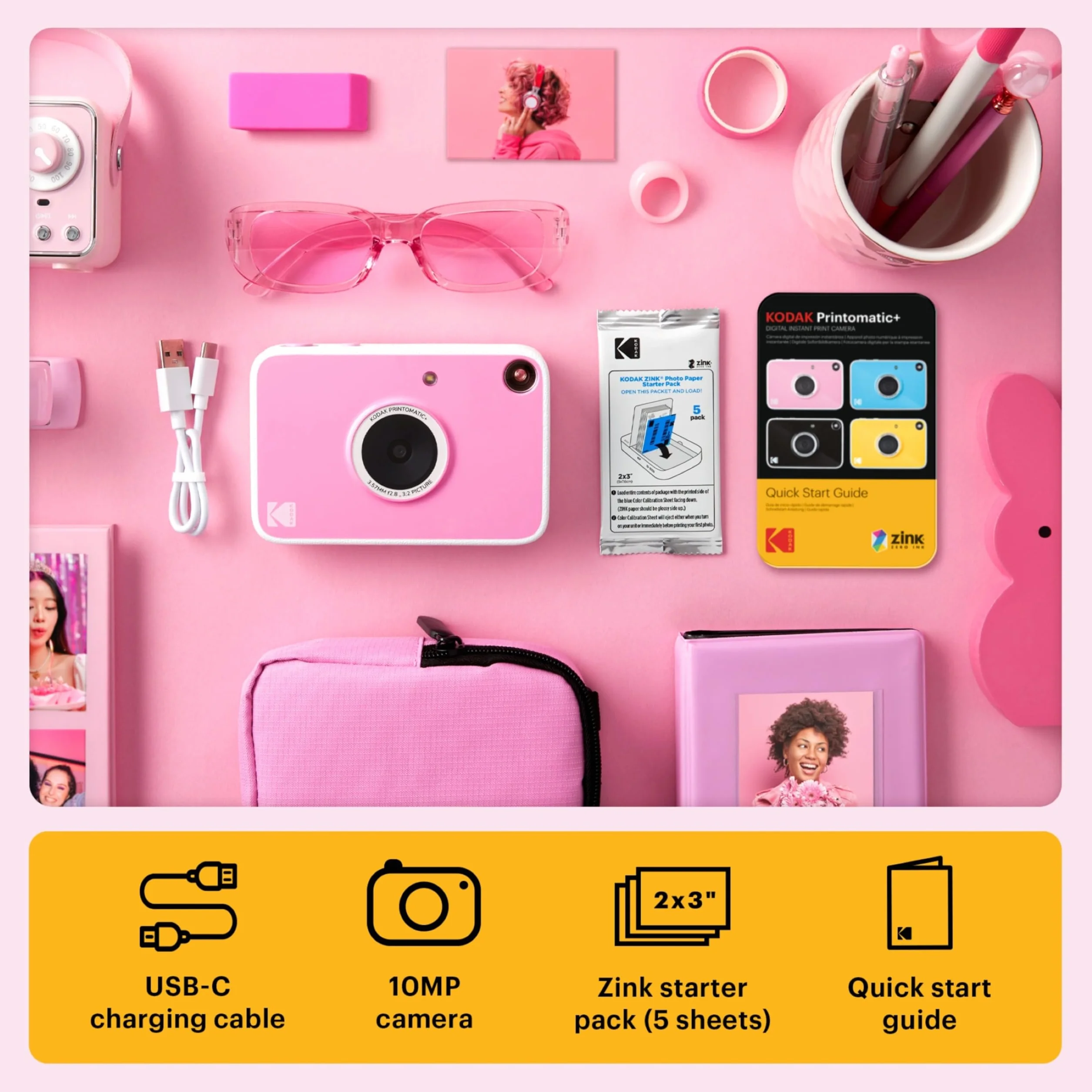 KODAK Printomatic+ Fotocamera Istantanea 10MP Kit Iniziale (Rosa) con Custodia, RGB LED e Carta Adesiva Zink 20pz – Rosa
