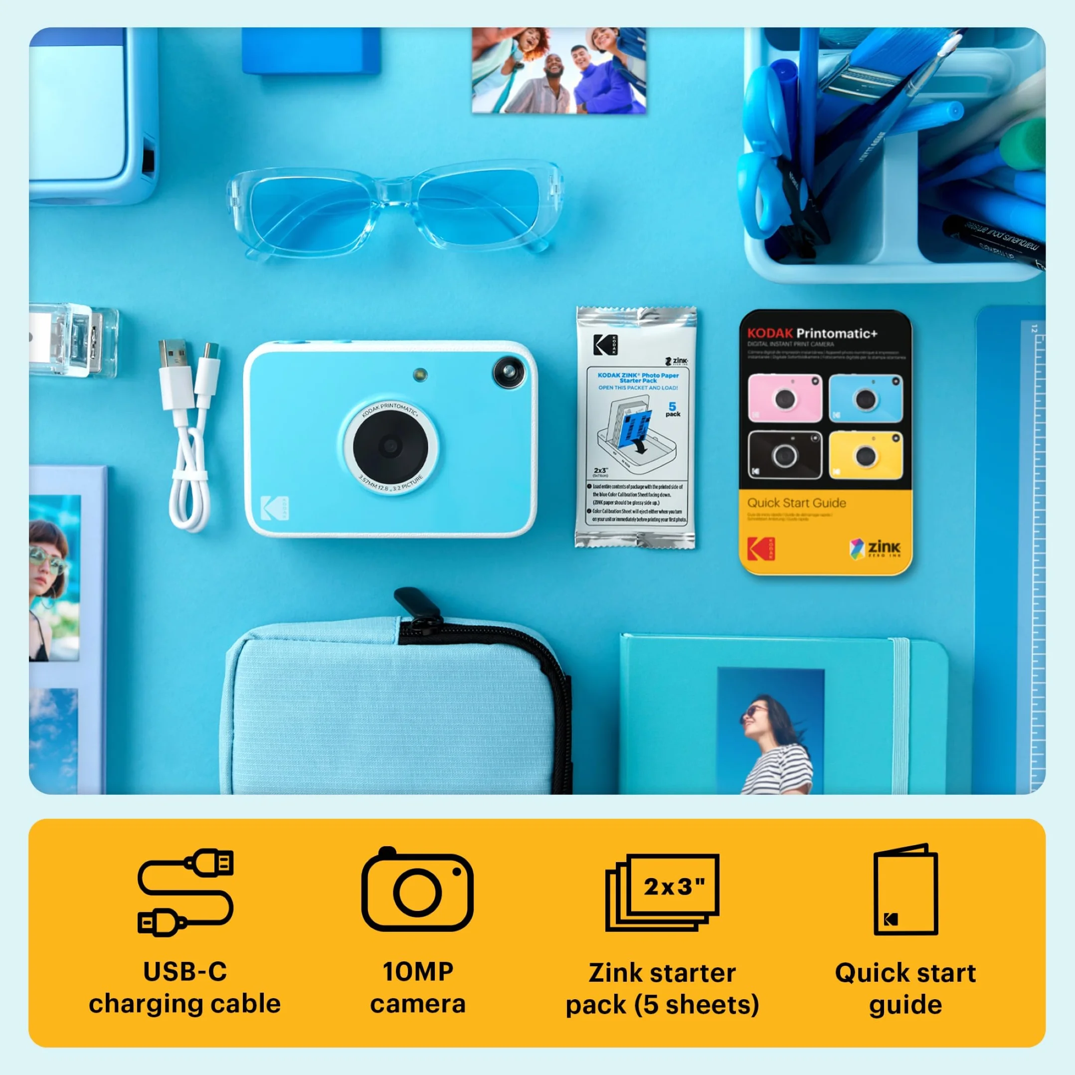 KODAK Printomatic+ Fotocamera Digitale Istantanea 10MP con LED RGB, stampa foto a colori su carta Zink 2x3” – Blu
