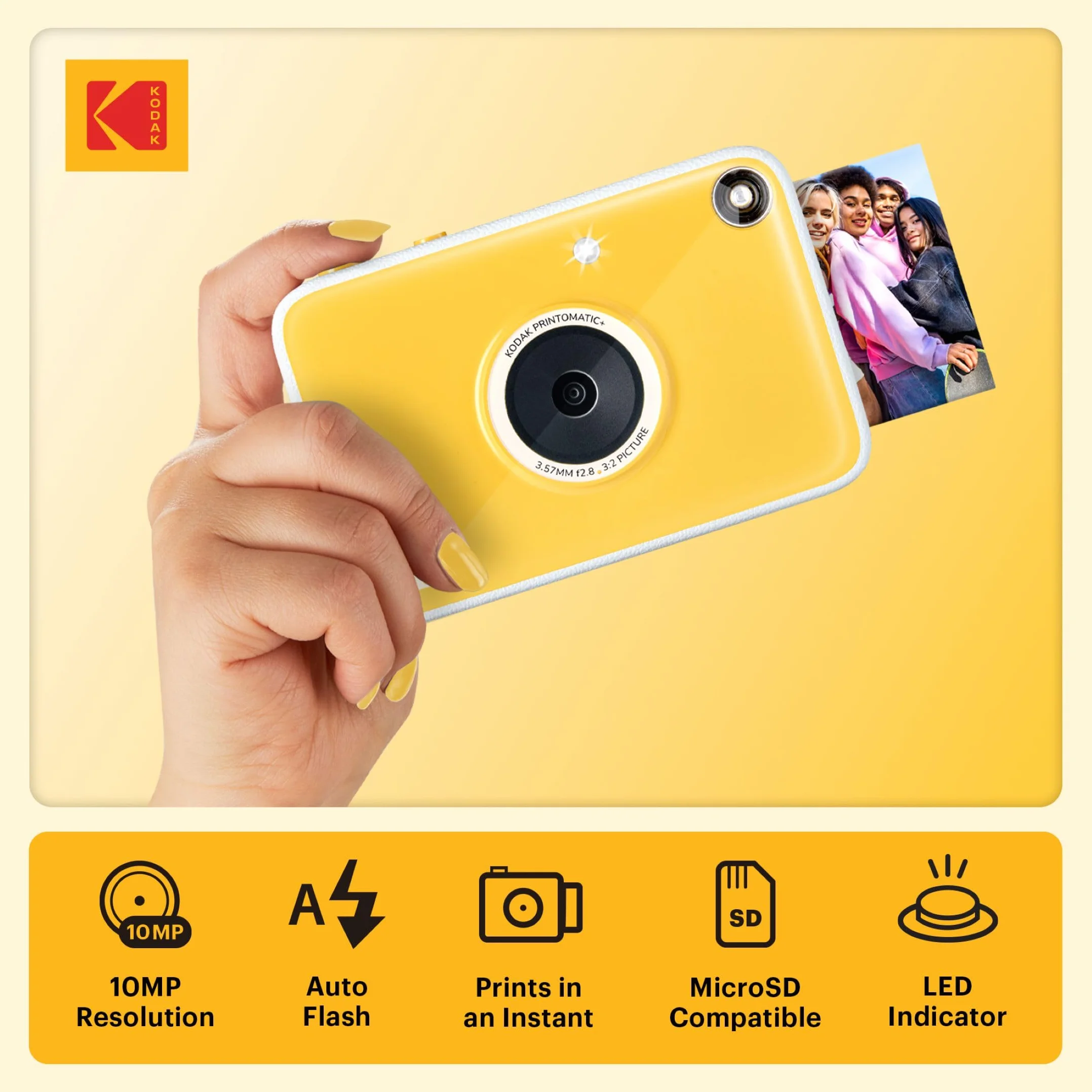 KODAK Printomatic+ Fotocamera Digitale Istantanea 10MP con LED RGB, stampa foto a colori su carta Zink 2x3” – Gialla