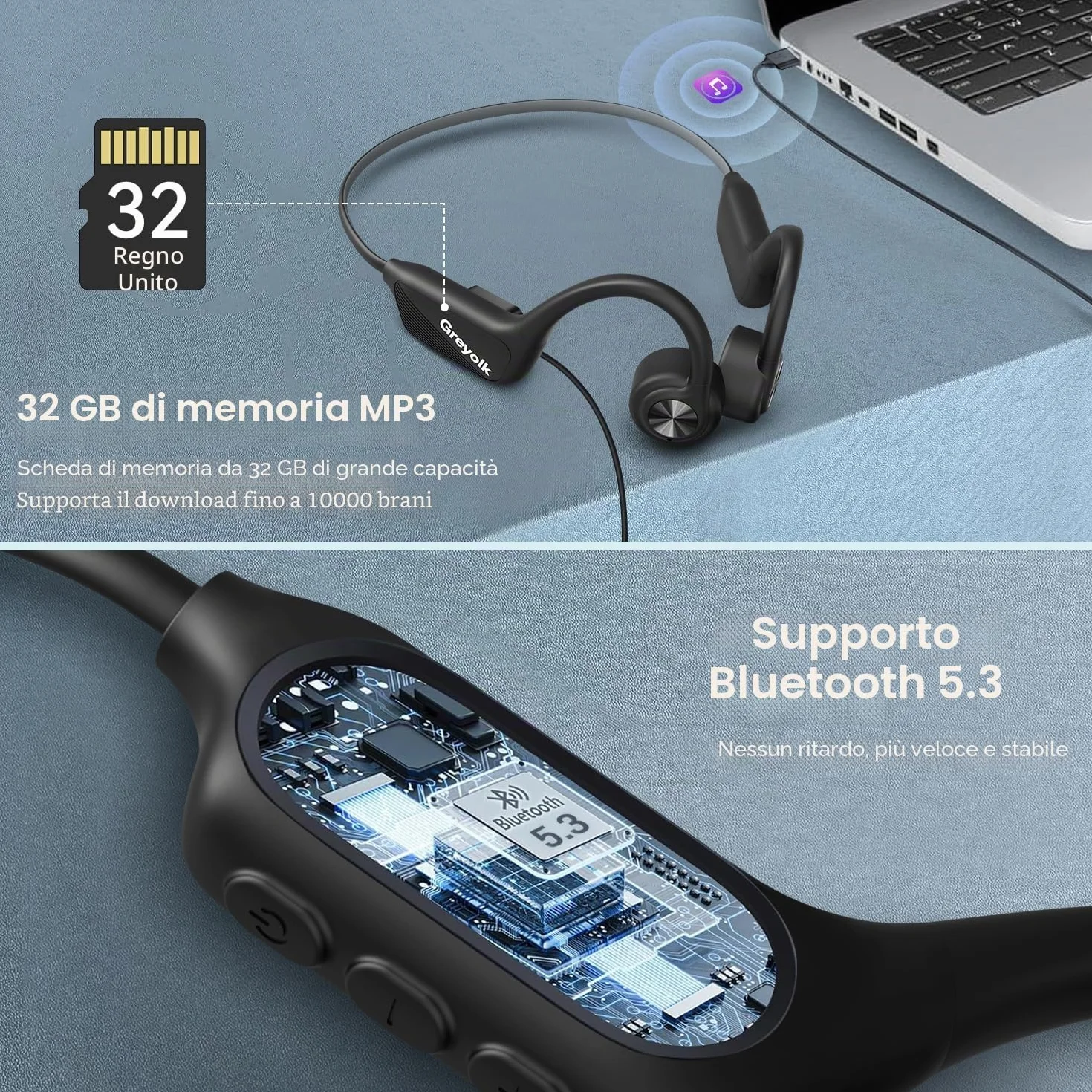 Cuffie Conduzione Ossea, IP68 Impermeabili per Nuoto, Bluetooth 5.3 Open-ear Cuffie per Corsa Ciclismo Guida Fitness