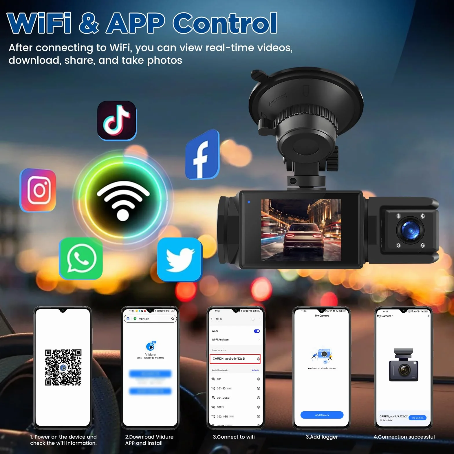 Dash Cam Auto Senza Fili WiFi – 3 Canali Fronte Interno Retro, Full HD 1080P, 2” IPS, Visione Notturna, Rilevamento Movimento, Loop, Obiettivo Rotabile