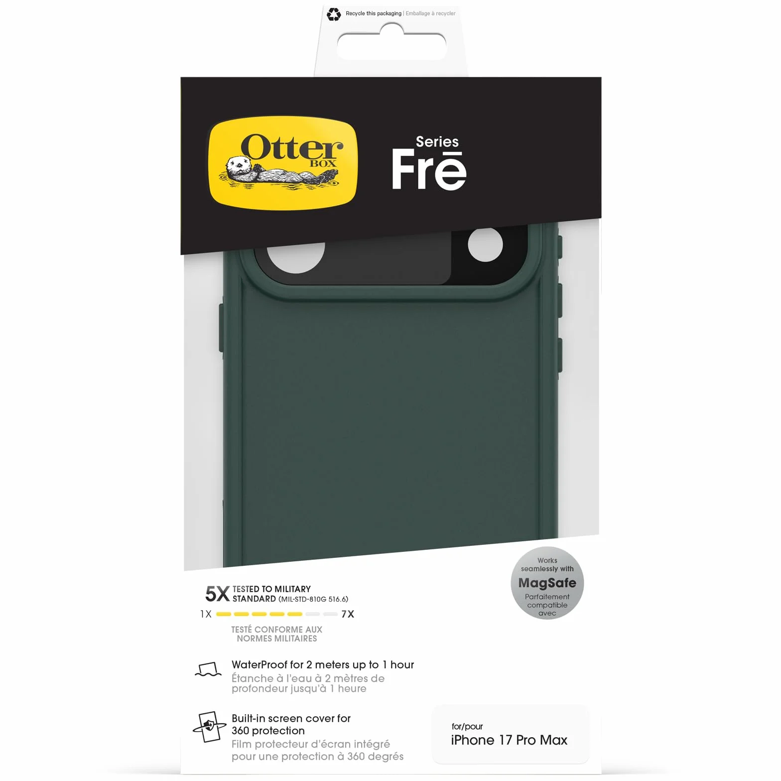 OtterBox Frē Series MagSafe cover per iPhone 17 Pro Max, resistente a acqua (IP68), shock, cover con protezione schermo integrata, 5x vs norme MIL-STD 810G, Verde