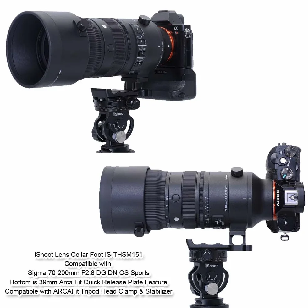 iShoot Base ad anello di ricambio per treppiede compatibile con Sigma 70-200 mm F2.8 DG DN OS Sports e 500 mm F5.6 DG DN OS Sports, staffa di supporto con piastra a sgancio rapido Arca-swiss Fit