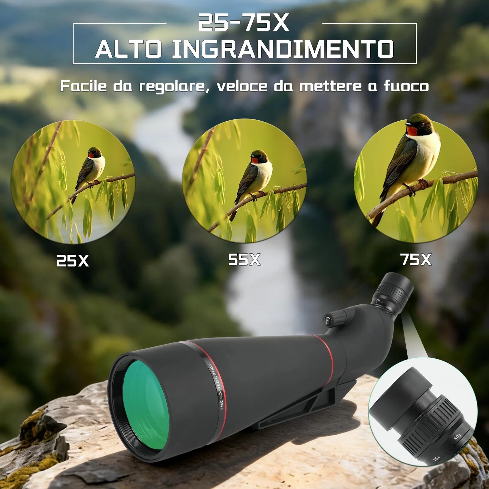 25-75x100mm Cannocchiale con Treppiede,HD FMC Impermeabile,Cannocchiale Terrestre con Adattatore Telefono Borsa, per Tiro a Segno Tiro, con l'arco Birdwatching